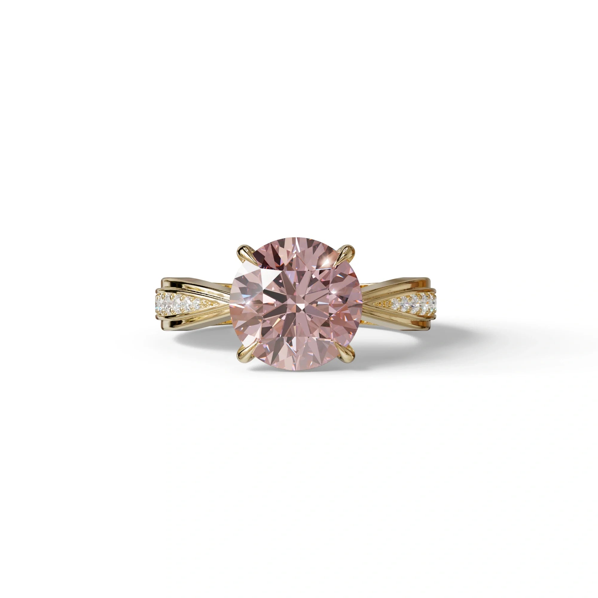 2.5 Carat Pink Round Shaped Lab Diamond Ring V-Shank Pave Setting -Je t’adore - 10K Solid Gold / Yellow Gold