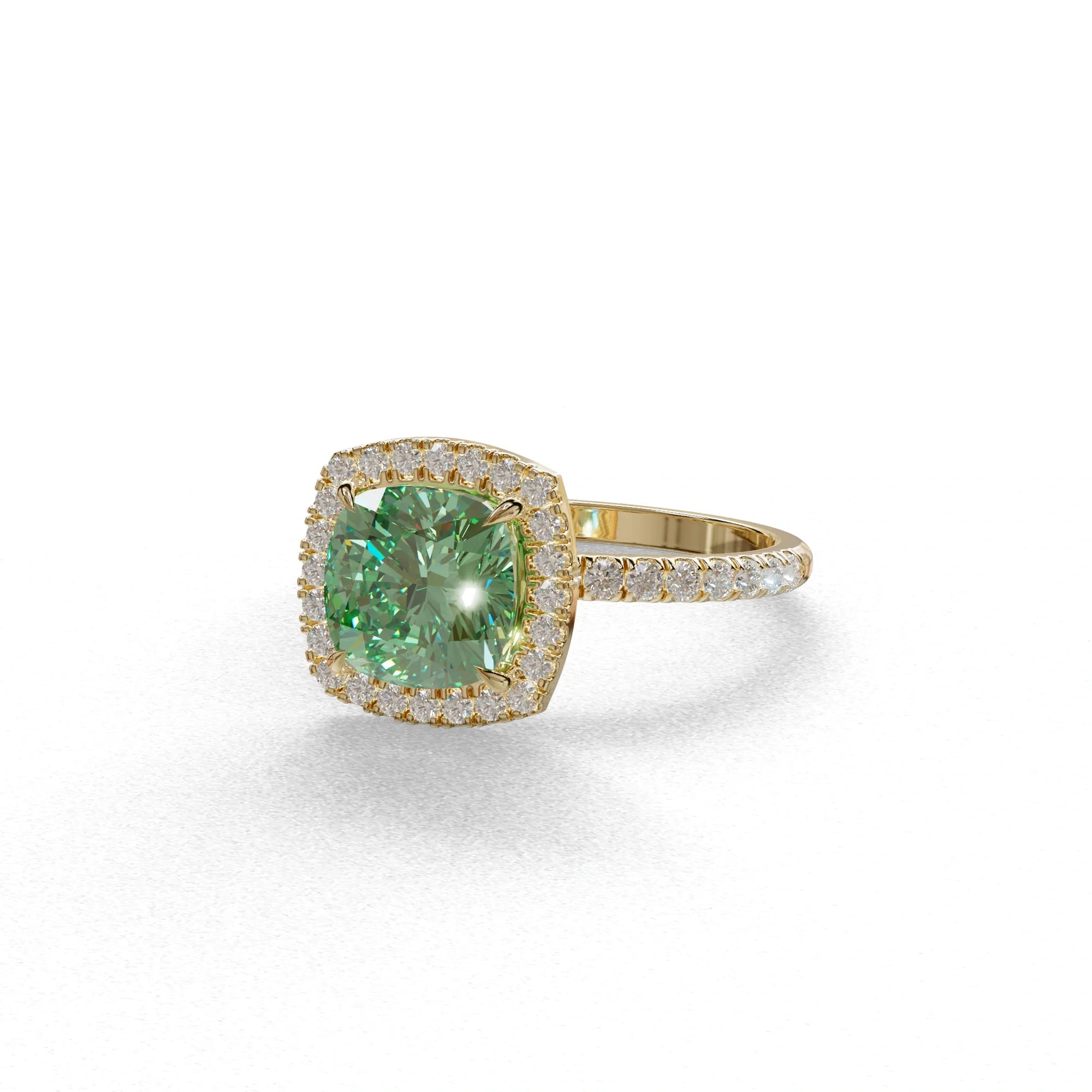 Green Cushion Cut Halo & Pave Lab Grown Diamond Engagement Ring - Rosa