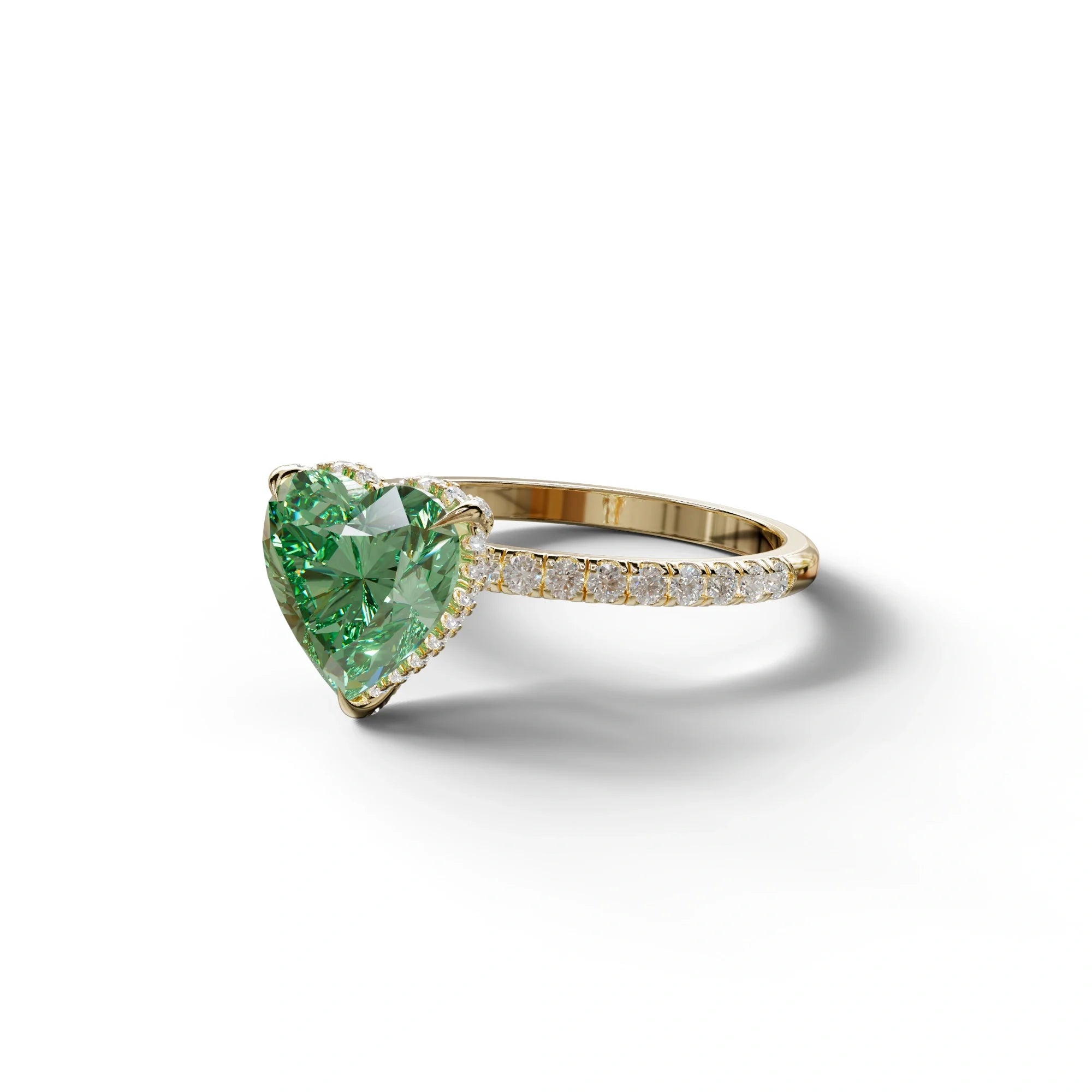 Green 3 Carat Heart Cut Hidden Halo & Pavé Setting Engagement Ring