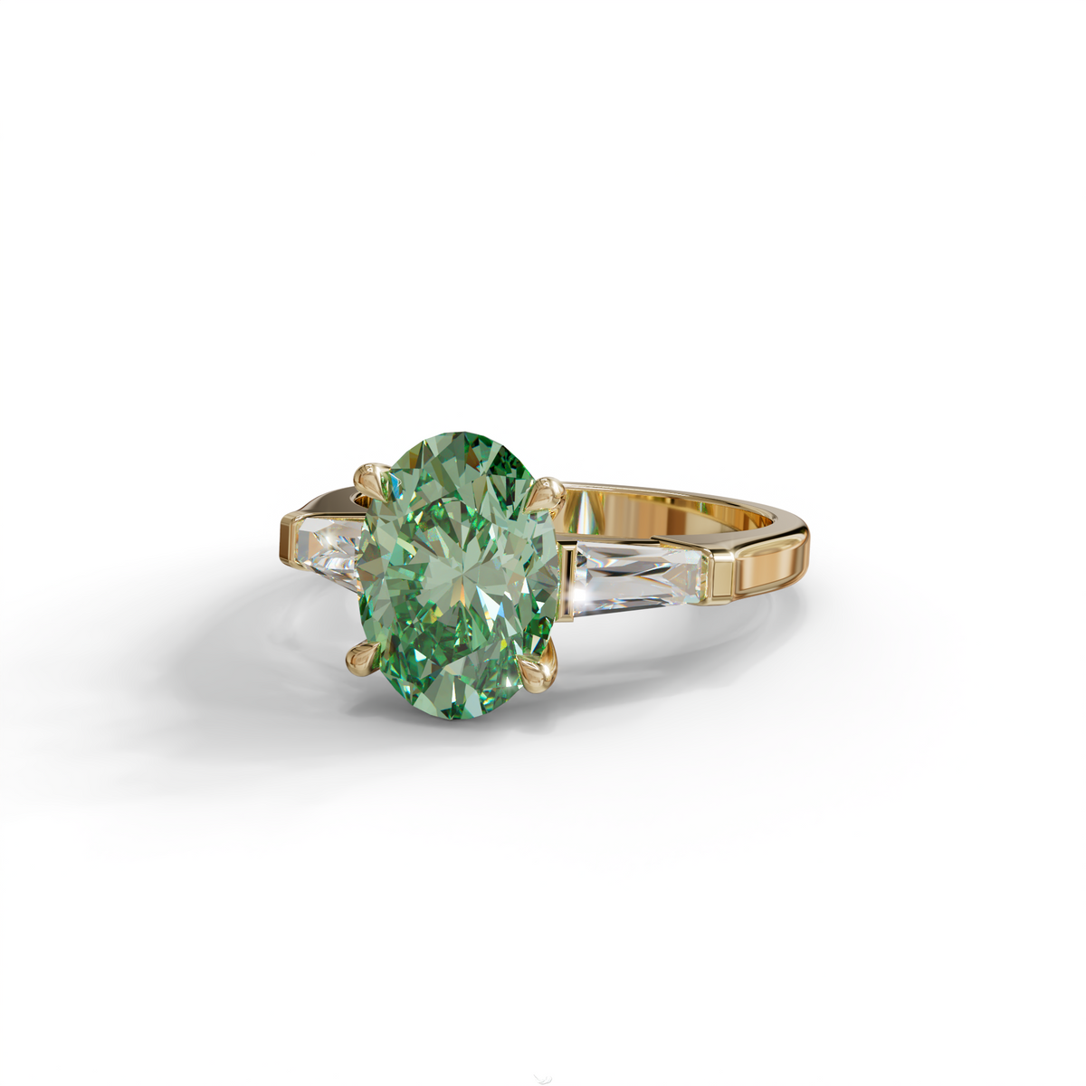 3 Carat Green Oval & Tapered Baguette Lab Grown Diamond Three Stone Engagement Ring
