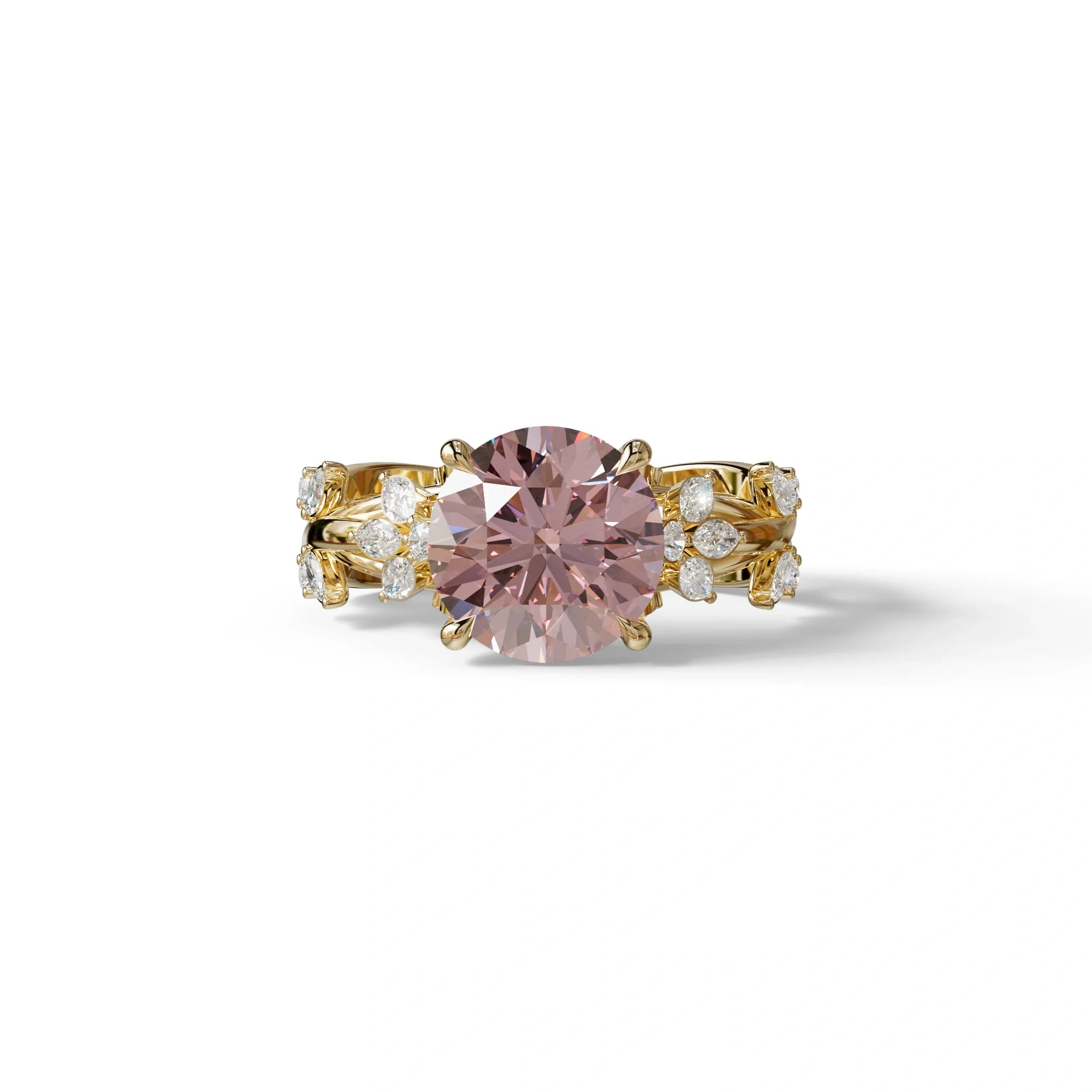 Natural Inspired 3 Carat Pink Round Brilliant cut Lab Diamond Engagement Ring - Catalina - 10K Solid Gold / Yellow Gold