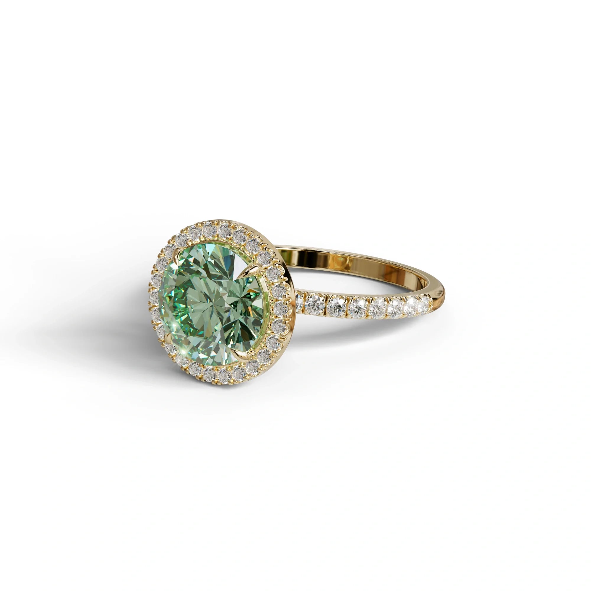 Fancy Vivid Green Round Cut Halo & Pave Lab Grown Diamond Engagement Ring - Flutura