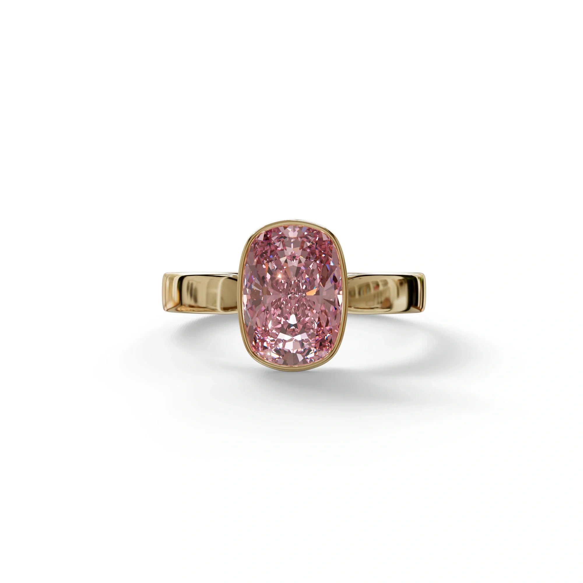 3 Carat Pink Elongated Cushion Cut Bezel Set Engagement Ring - Astrae - 10K Solid Gold / Yellow Gold