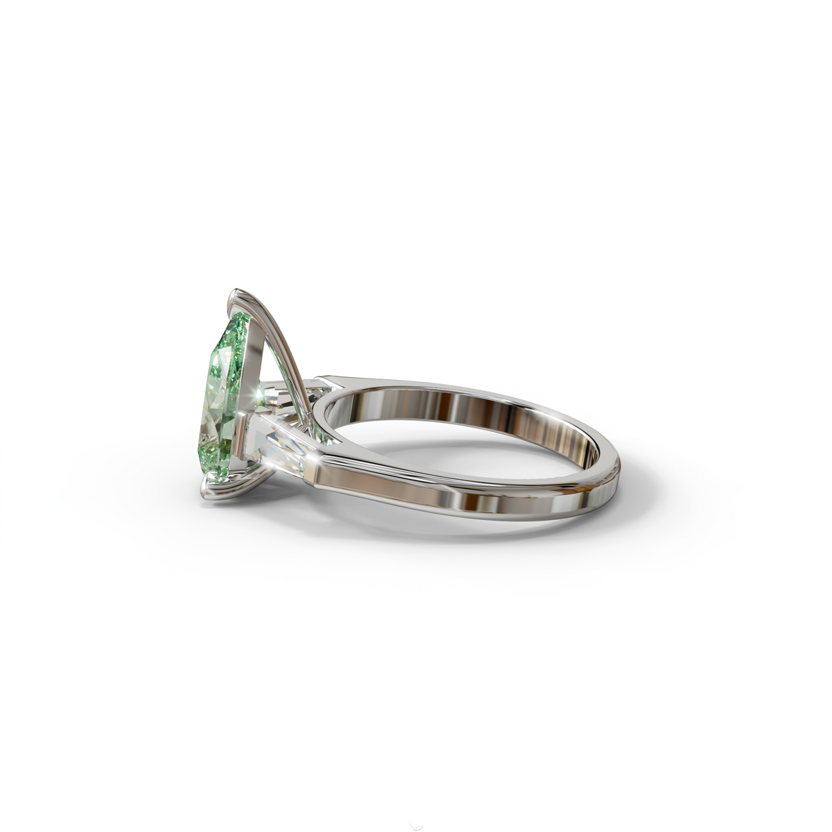 3 Carat Pear Cut Green Lab Diamond Ring 3 Stone Design - Bella