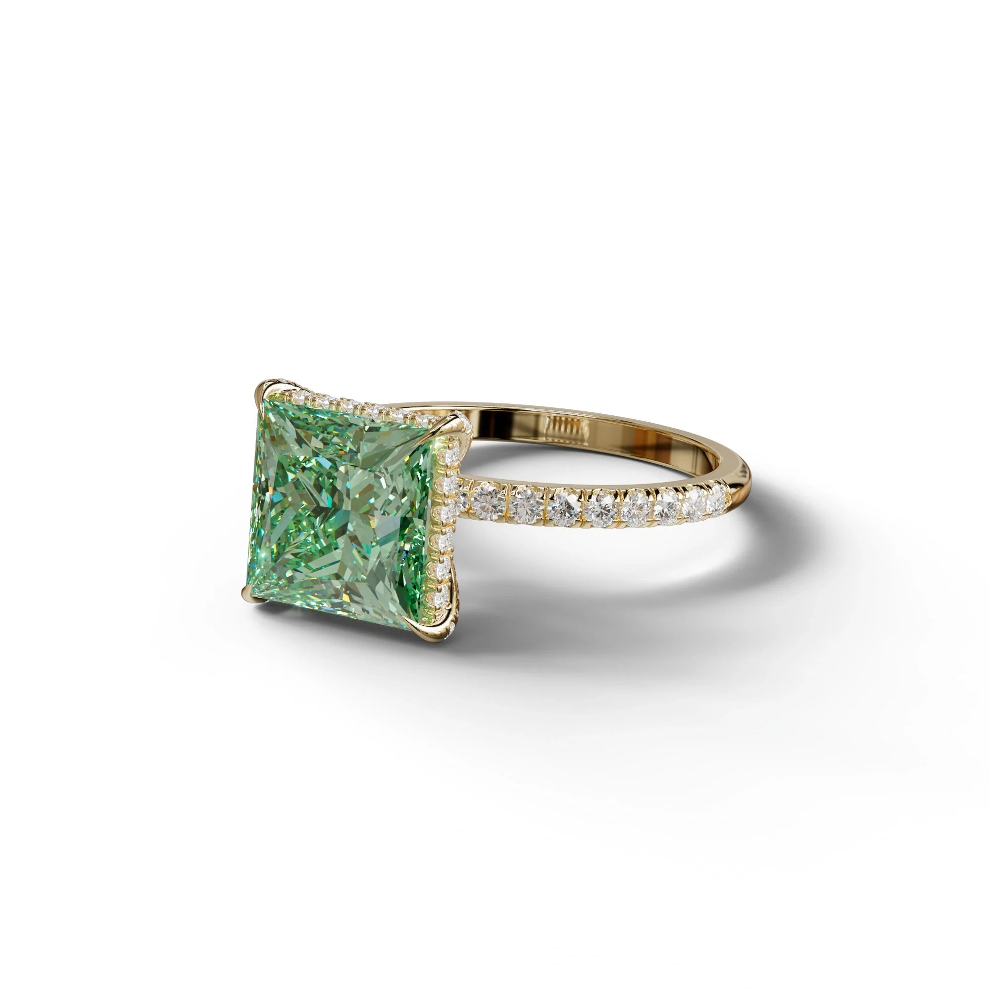 3 Carat Green Princess Cut Hidden Halo & Pave Lab Diamond Ring