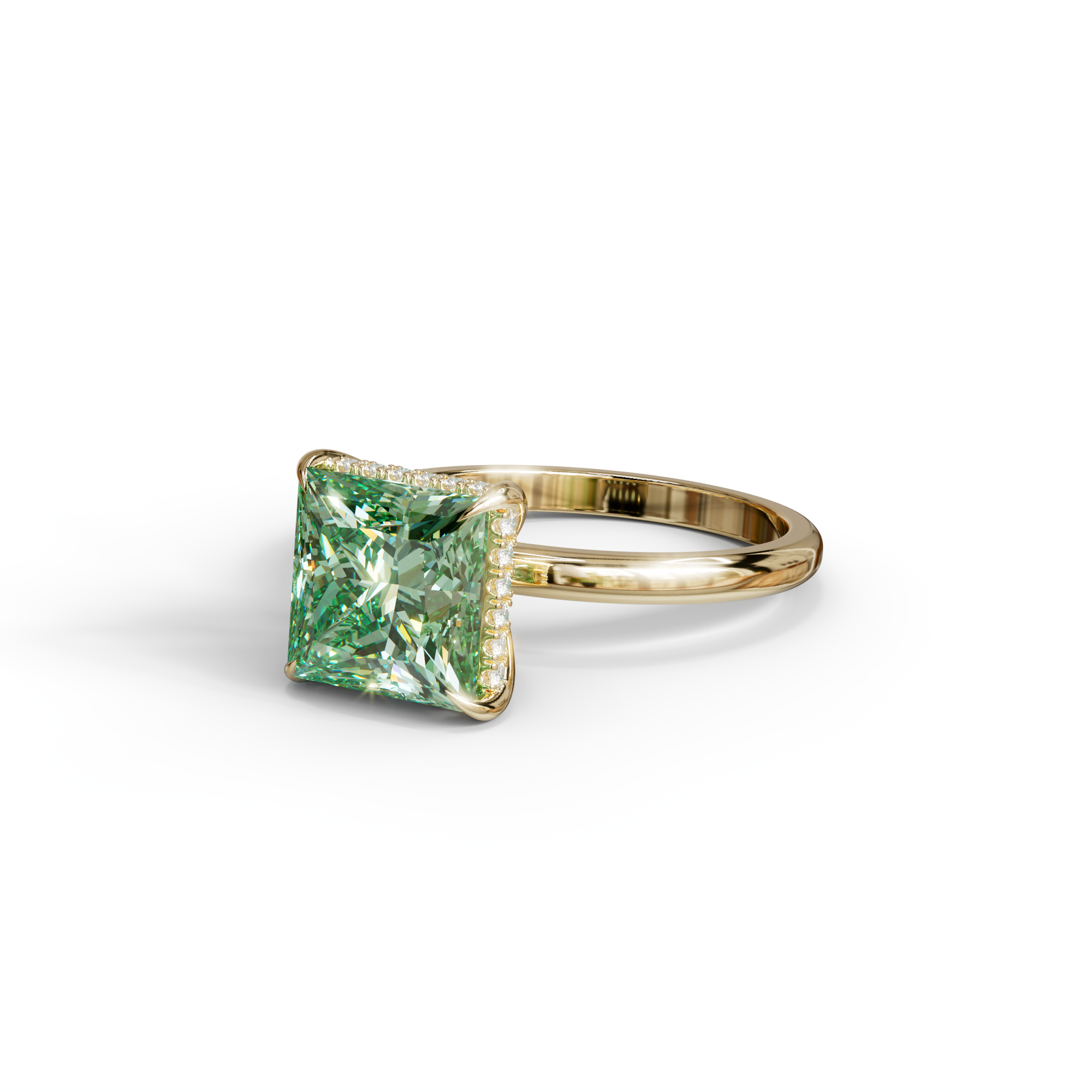 3 Carat Princess Cut Green Lab Diamond Hidden Halo Engagement Ring