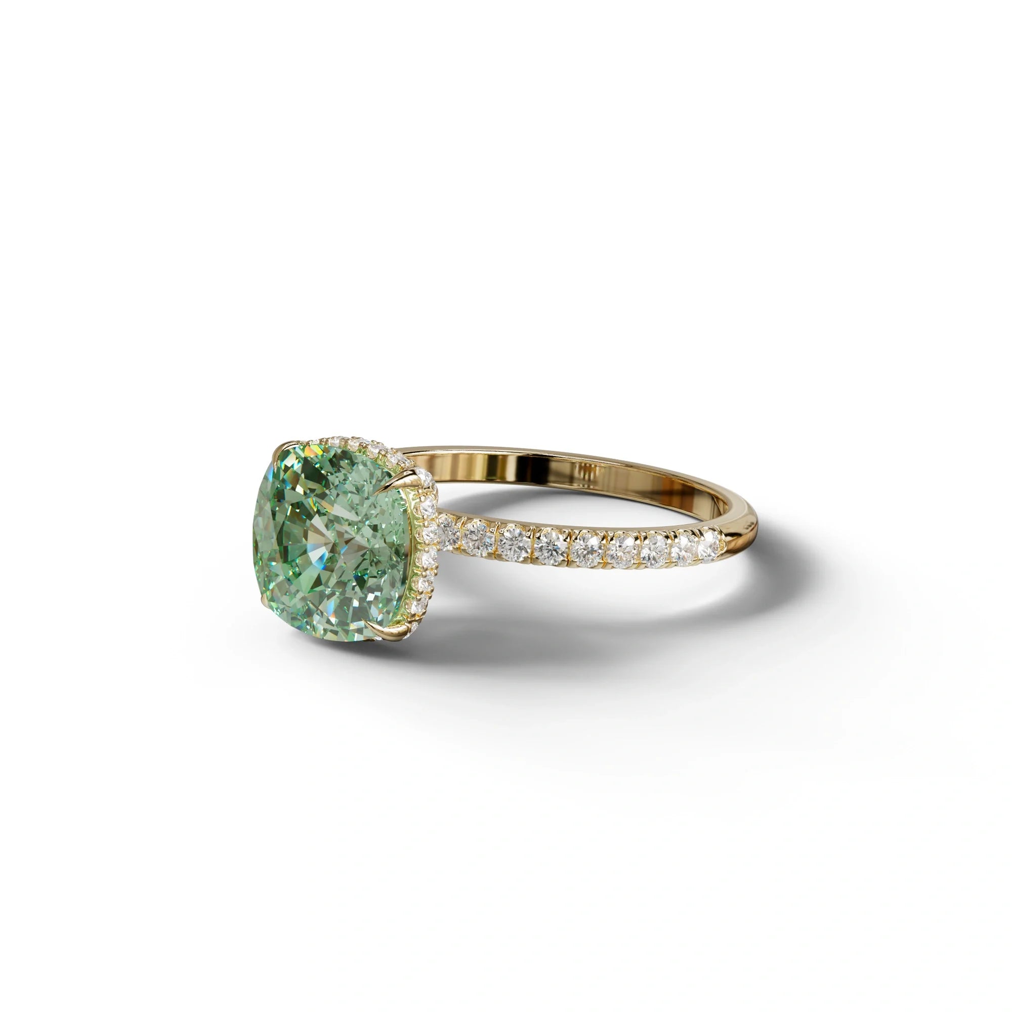 2.5 Carat Green Cushion Cut Hidden Halo & Pave Lab Grown Diamond Ring