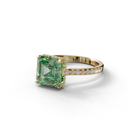 3.5 Carat Green Asscher‑Cut Lab Diamond Engagement Ring with Halo and Pavé Accents