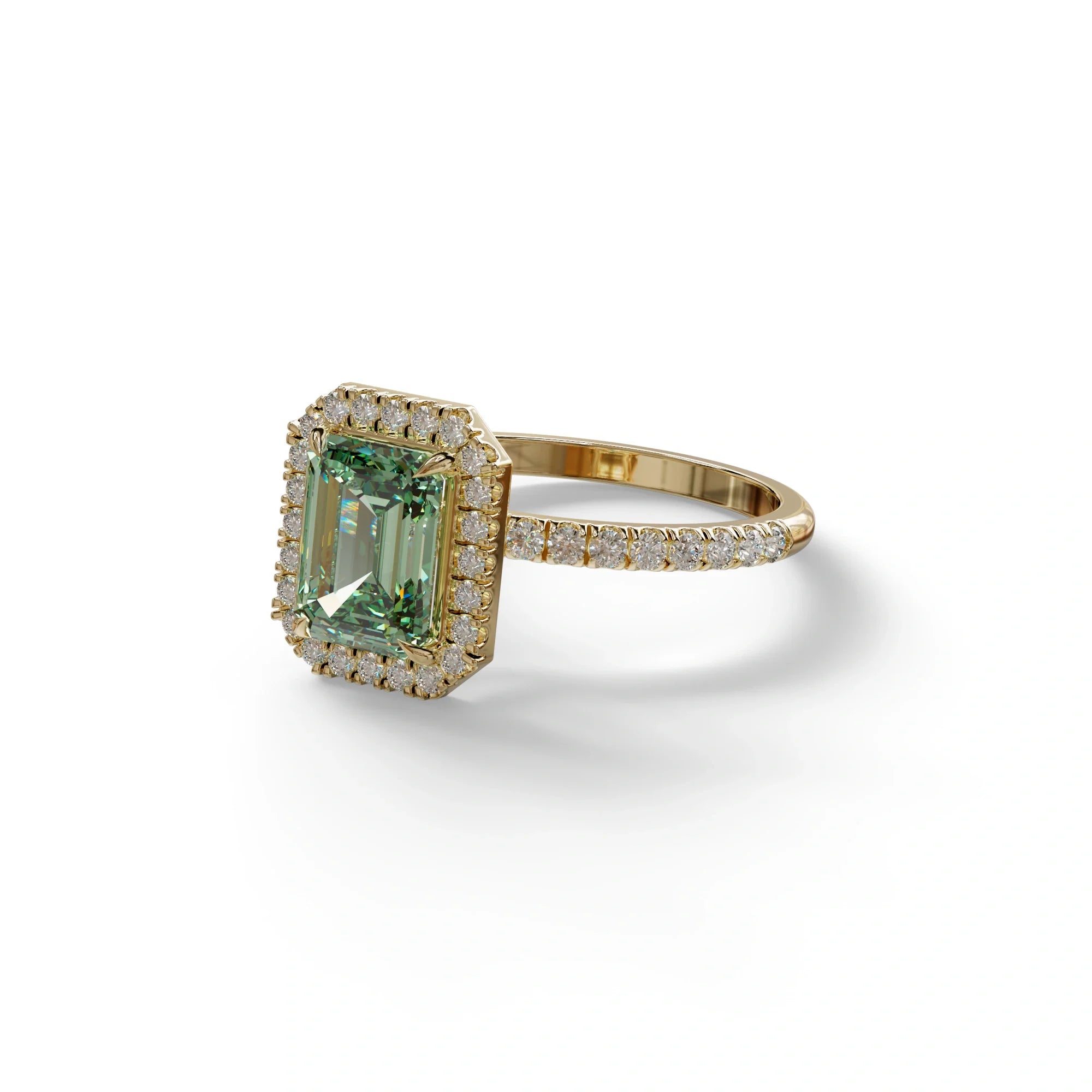 Green Emerald Cut Halo & Pave Lab Grown Diamond Engagement Ring - Viola