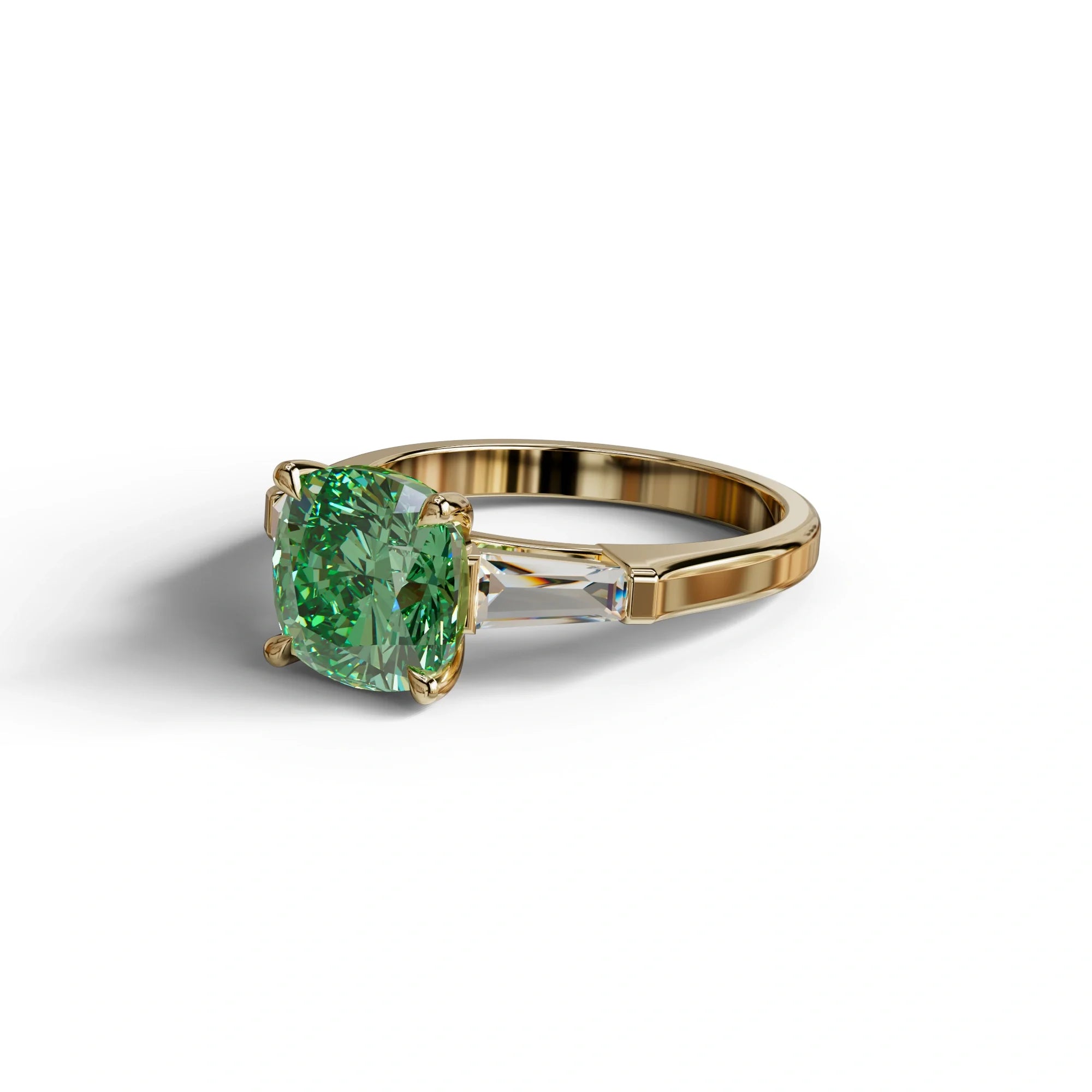 3 Carat Green Cushion & Tapered Baguette Three Stone Engagement Ring