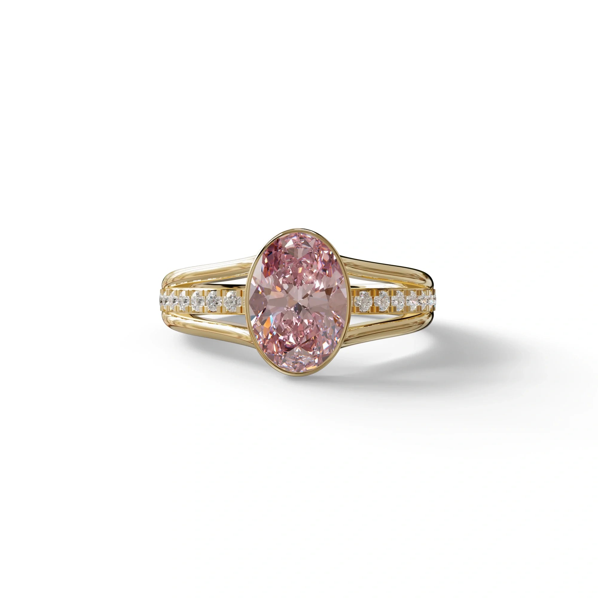 3 Carat Fancy Vivid Pink Oval cut lab grown Diamond Engagement Ring - Prisma - 10K Solid Gold / Yellow Gold