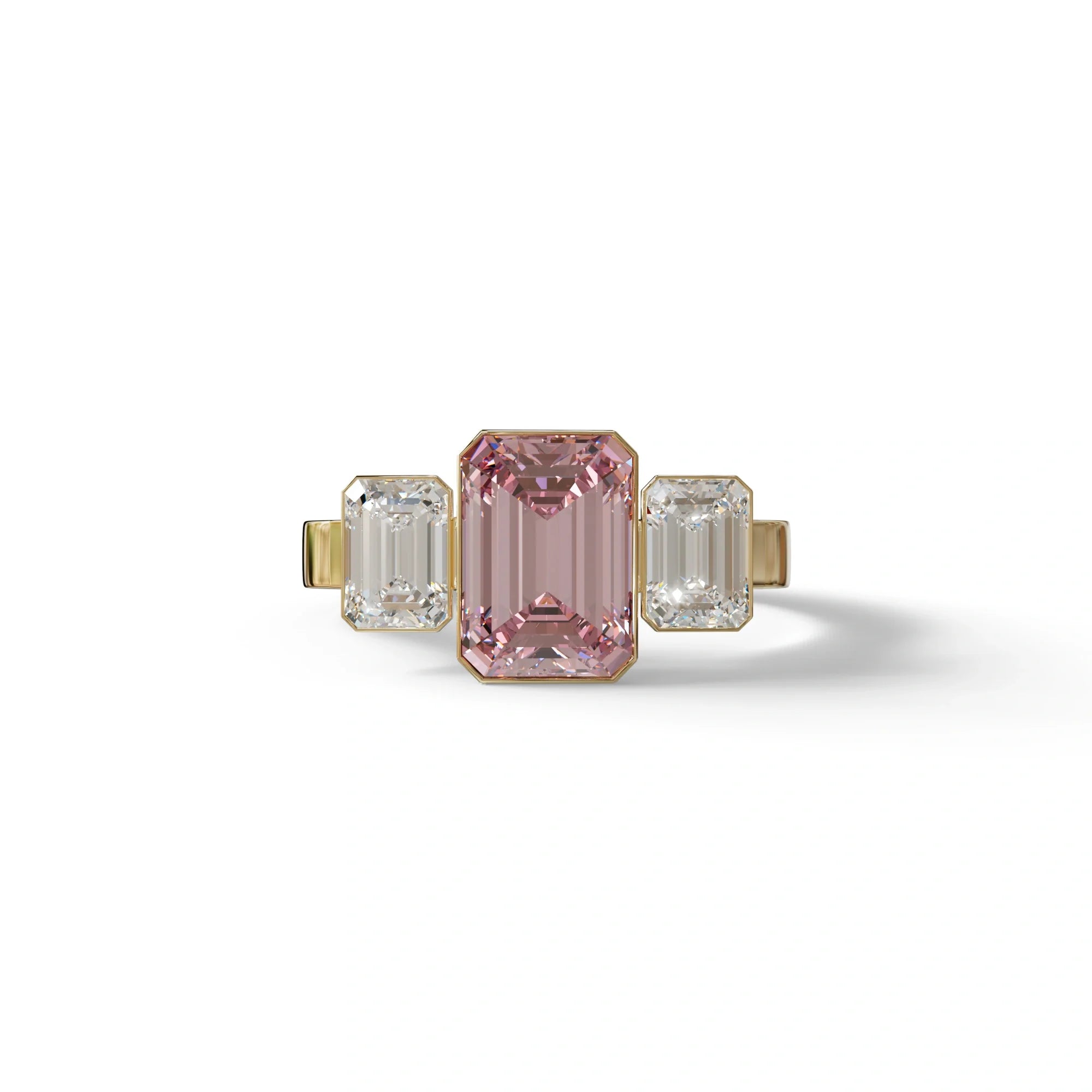 Three Stone 3 carat Emerald cut Pink Lab Grown Diamond Ring - Elaris - 10K Solid Gold / Yellow Gold