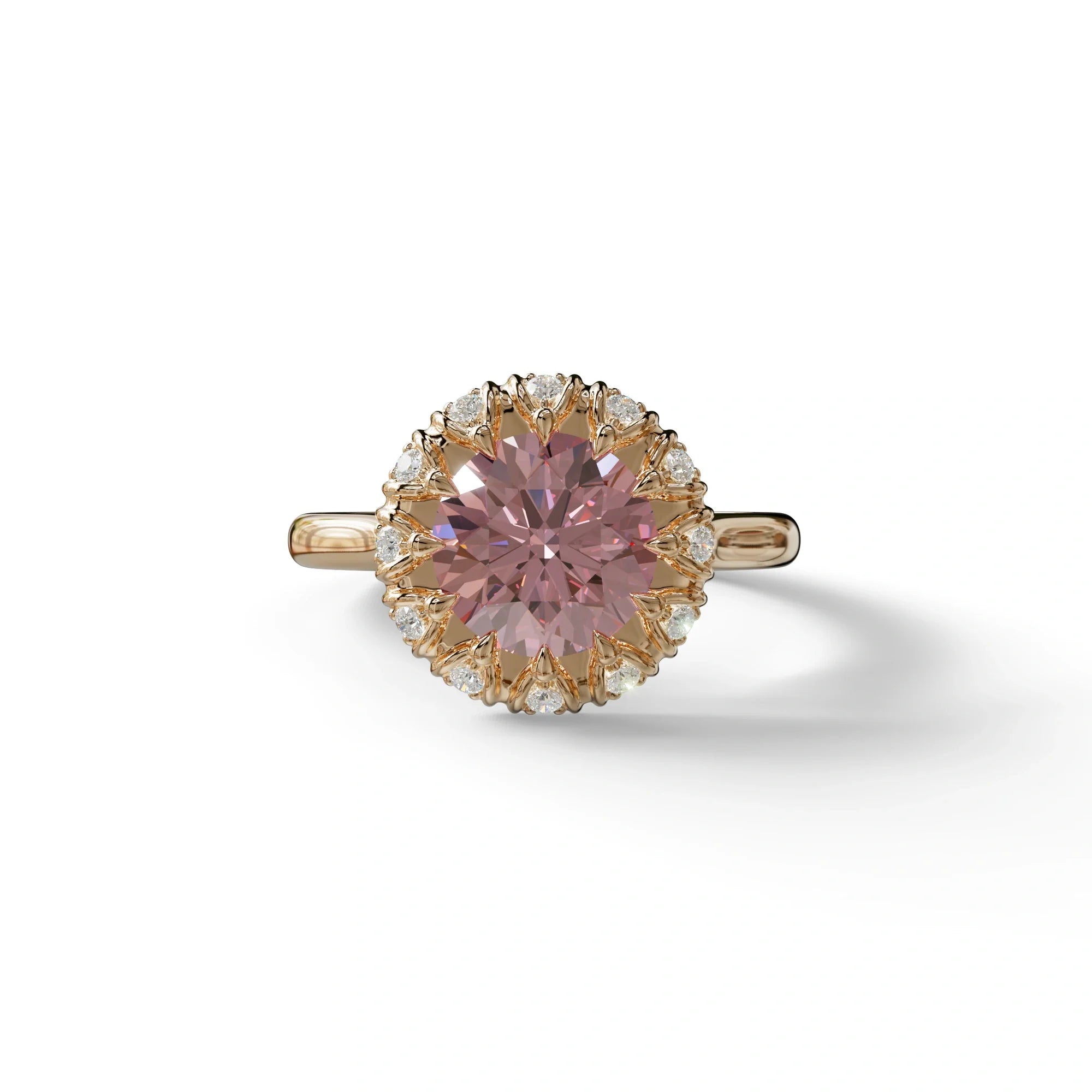 3 Carat Pink Round Shaped Halo Lab Diamond Ring - Sunflower - 10K Solid Gold / Rose Gold