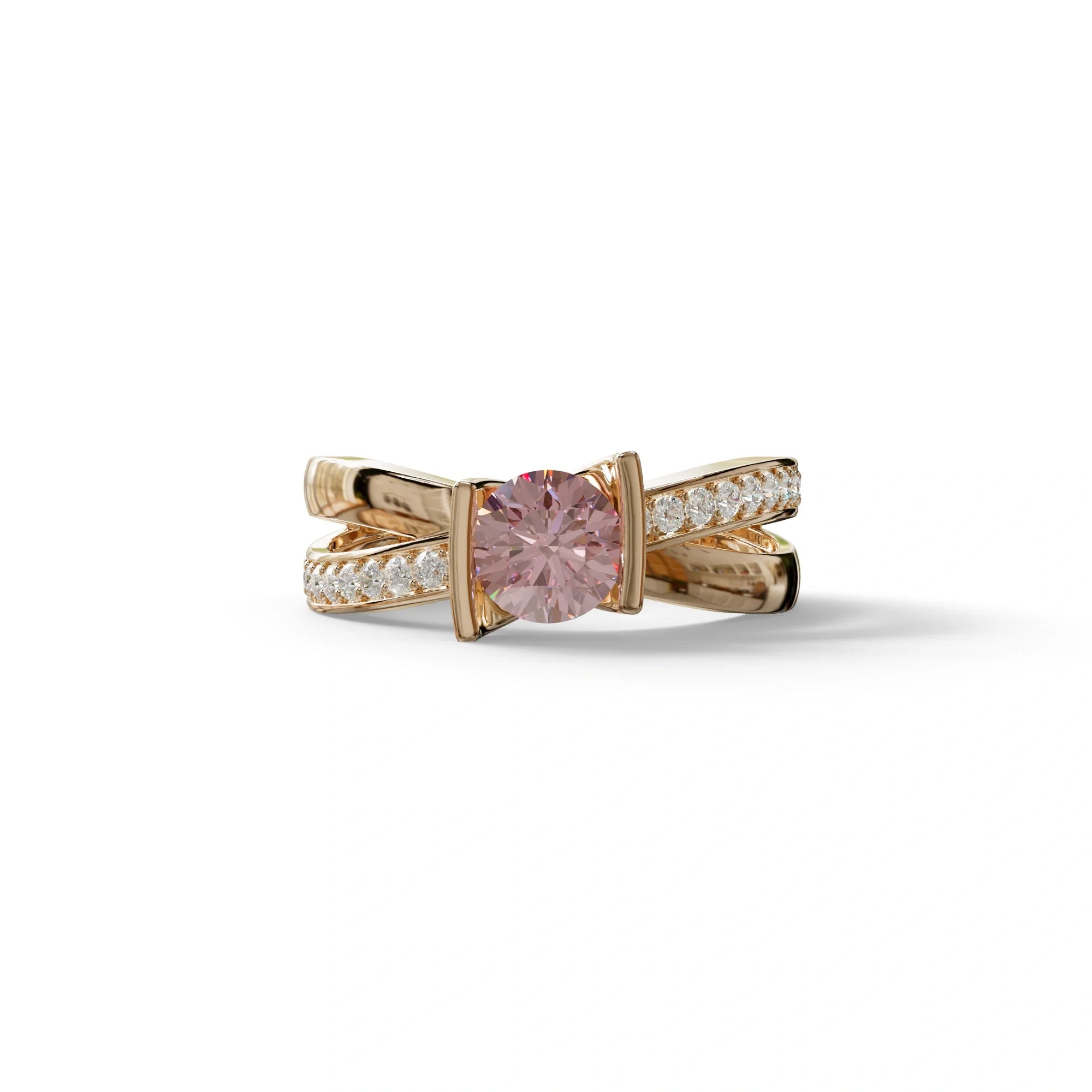 1 Carat Pink Round Cut Lab Diamond Crossover Ring Pave Setting - Lisa - 10K Solid Gold / Rose Gold