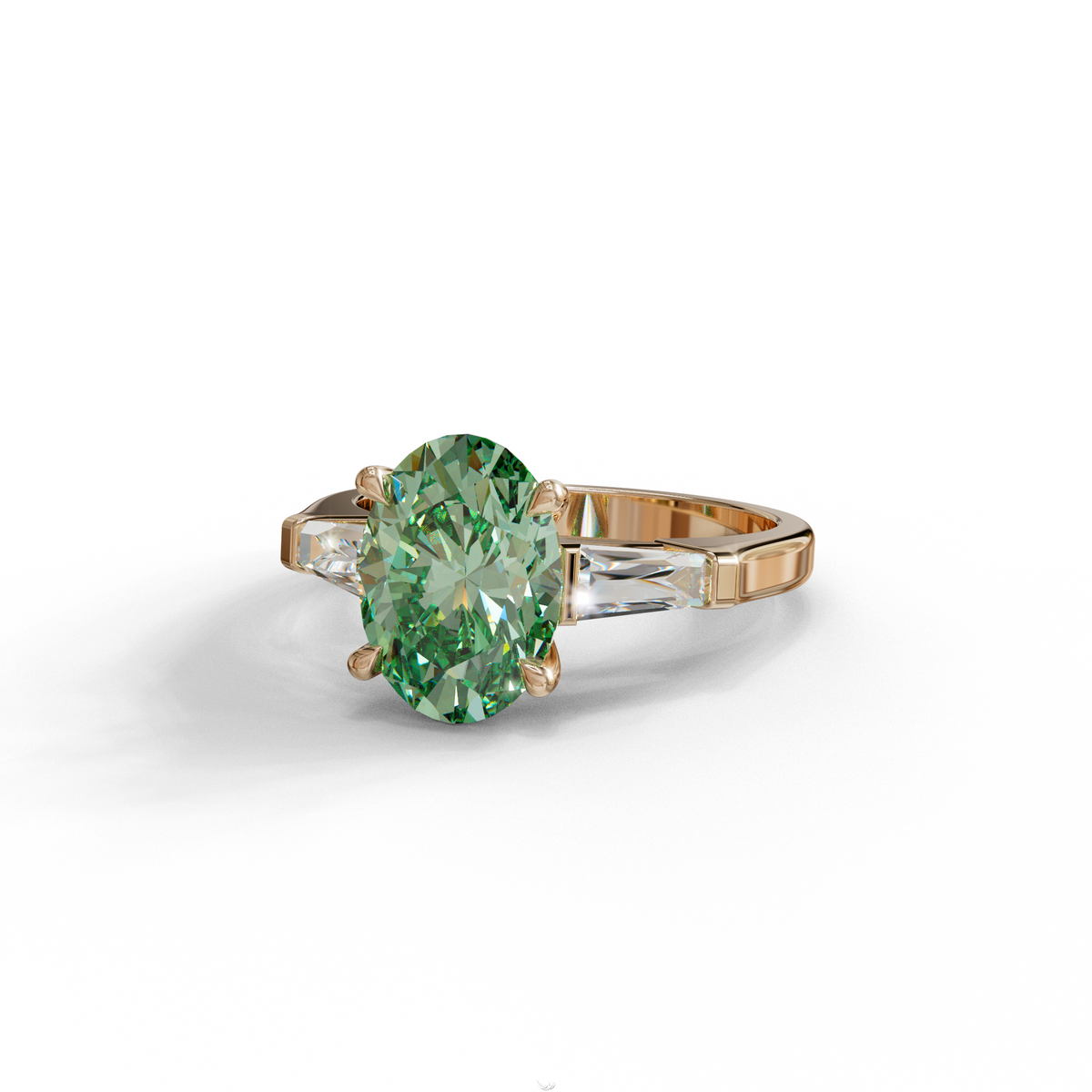 3 Carat Green Oval & Tapered Baguette Lab Grown Diamond Three Stone Engagement Ring