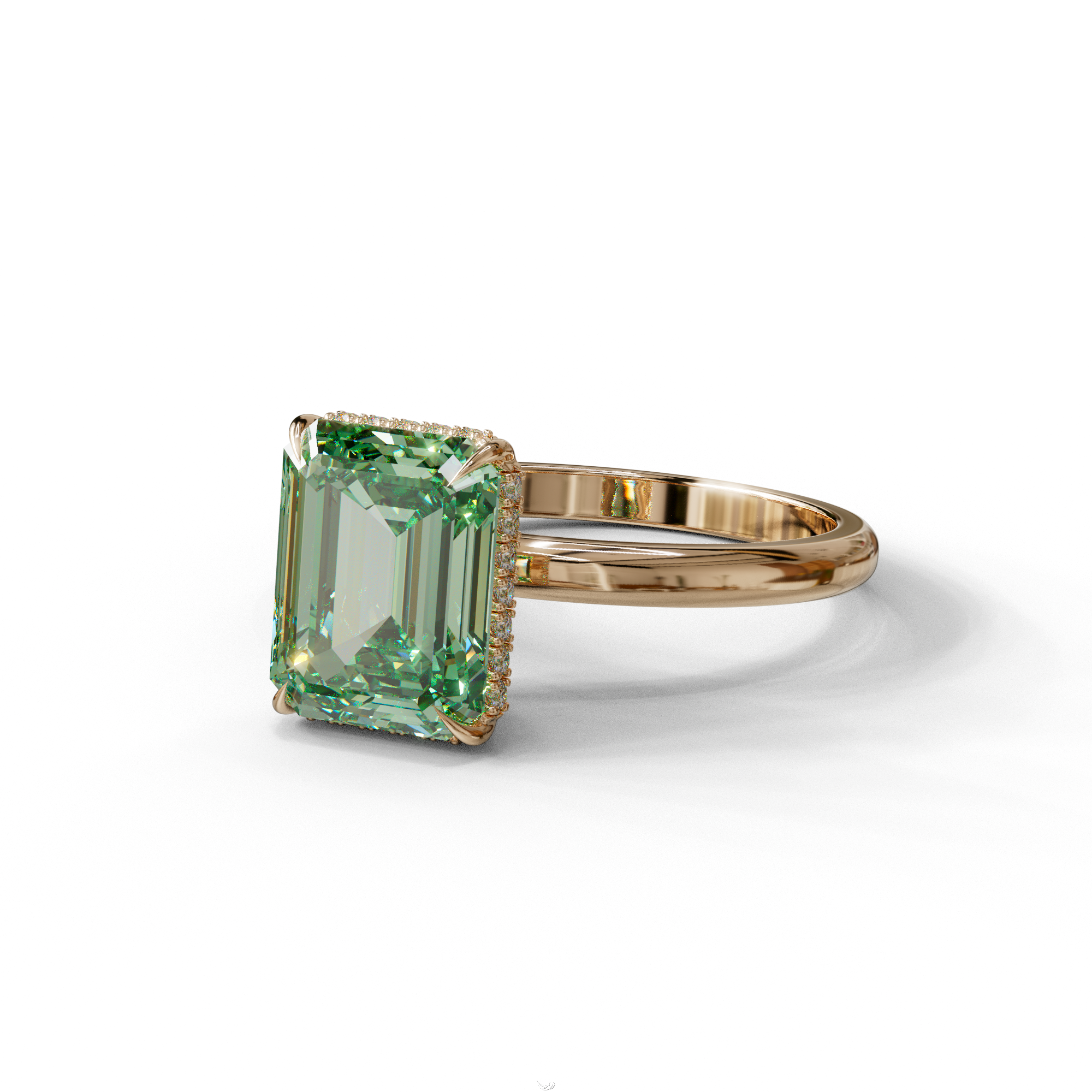 3 Carat Green Emerald Cut Hidden Halo & Claw Setting Lab Grown Diamond Ring