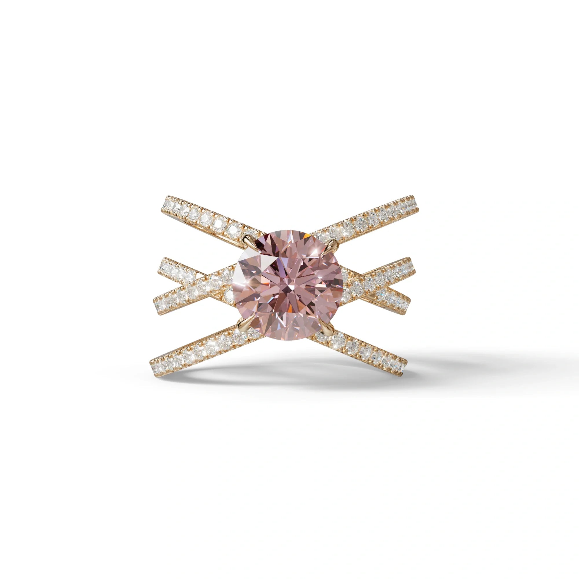 1.5 Carat Pink Round Cut Criss Cross Lab Diamond Ring - Elegant - 10K Solid Gold / Rose Gold