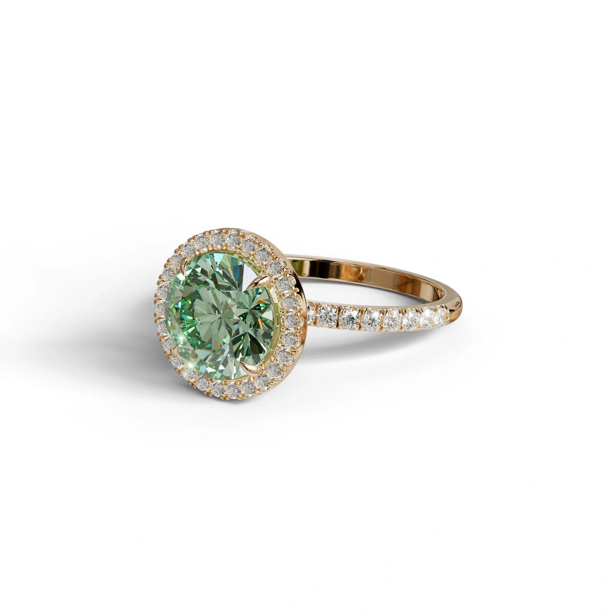 Fancy Vivid Green Round Cut Halo & Pave Lab Grown Diamond Engagement Ring - Flutura