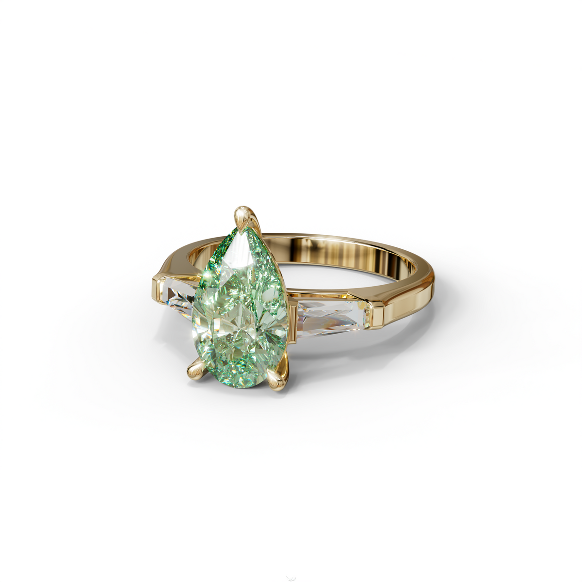 3 Carat Pear Cut Green Lab Diamond Ring 3 Stone Design - Bella