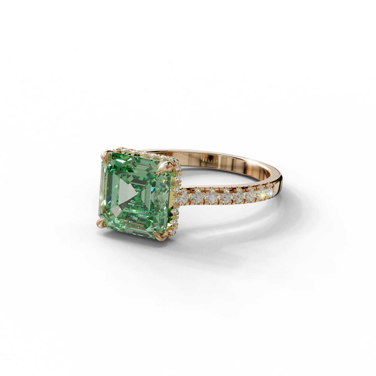 3.5 Carat Green Asscher‑Cut Lab Diamond Engagement Ring with Halo and Pavé Accents