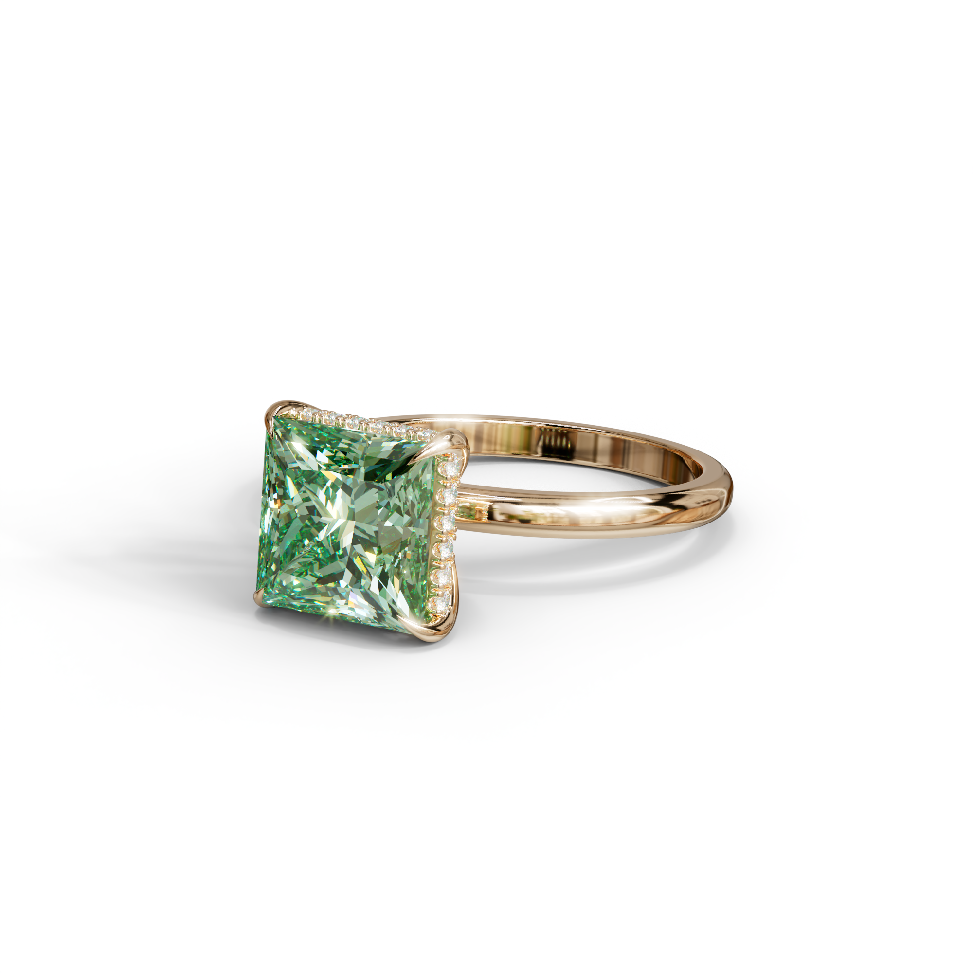 3 Carat Princess Cut Green Lab Diamond Hidden Halo Engagement Ring
