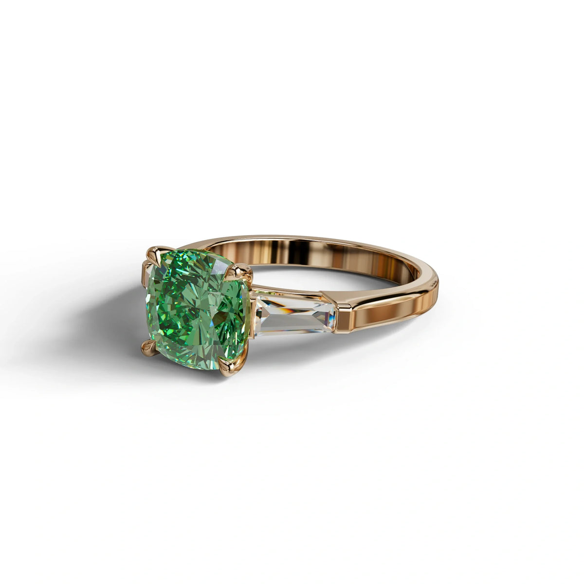 3 Carat Green Cushion & Tapered Baguette Three Stone Engagement Ring
