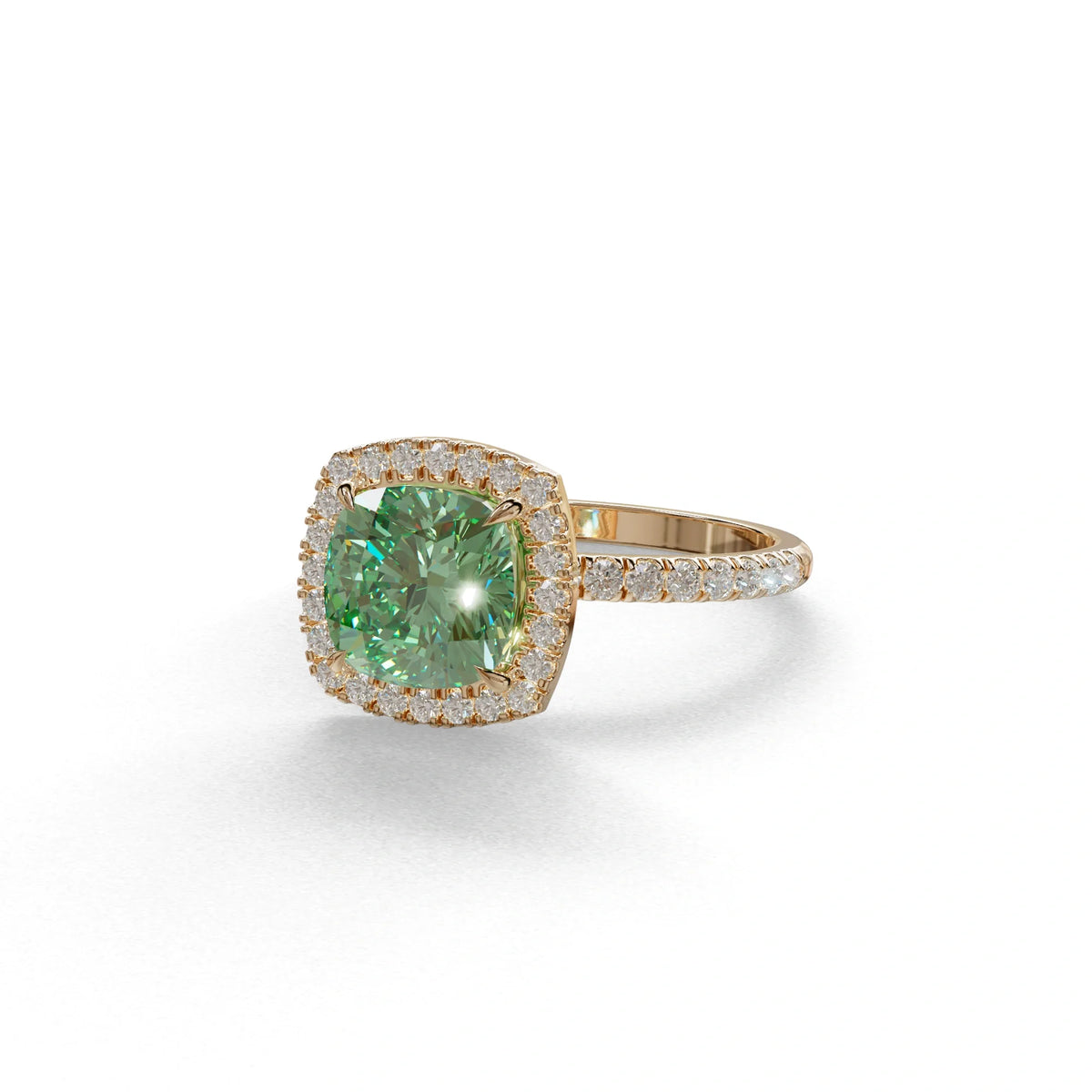 Green Cushion Cut Halo & Pave Lab Grown Diamond Engagement Ring - Rosa