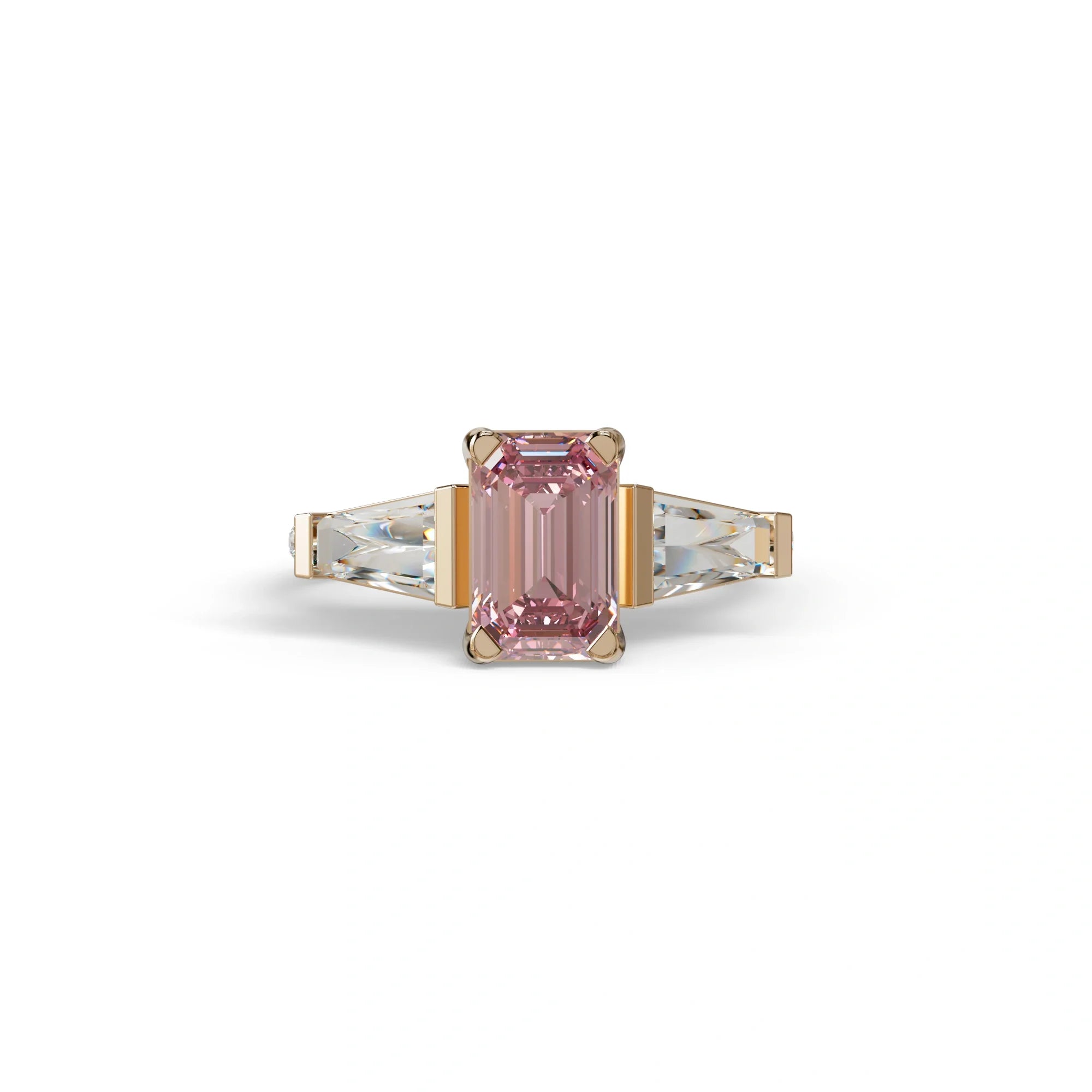 1.50 Carat Pink Emerald with Tapered Cut Lab Grown Diamond Ring - Libra - 10K Solid Gold / Rose Gold