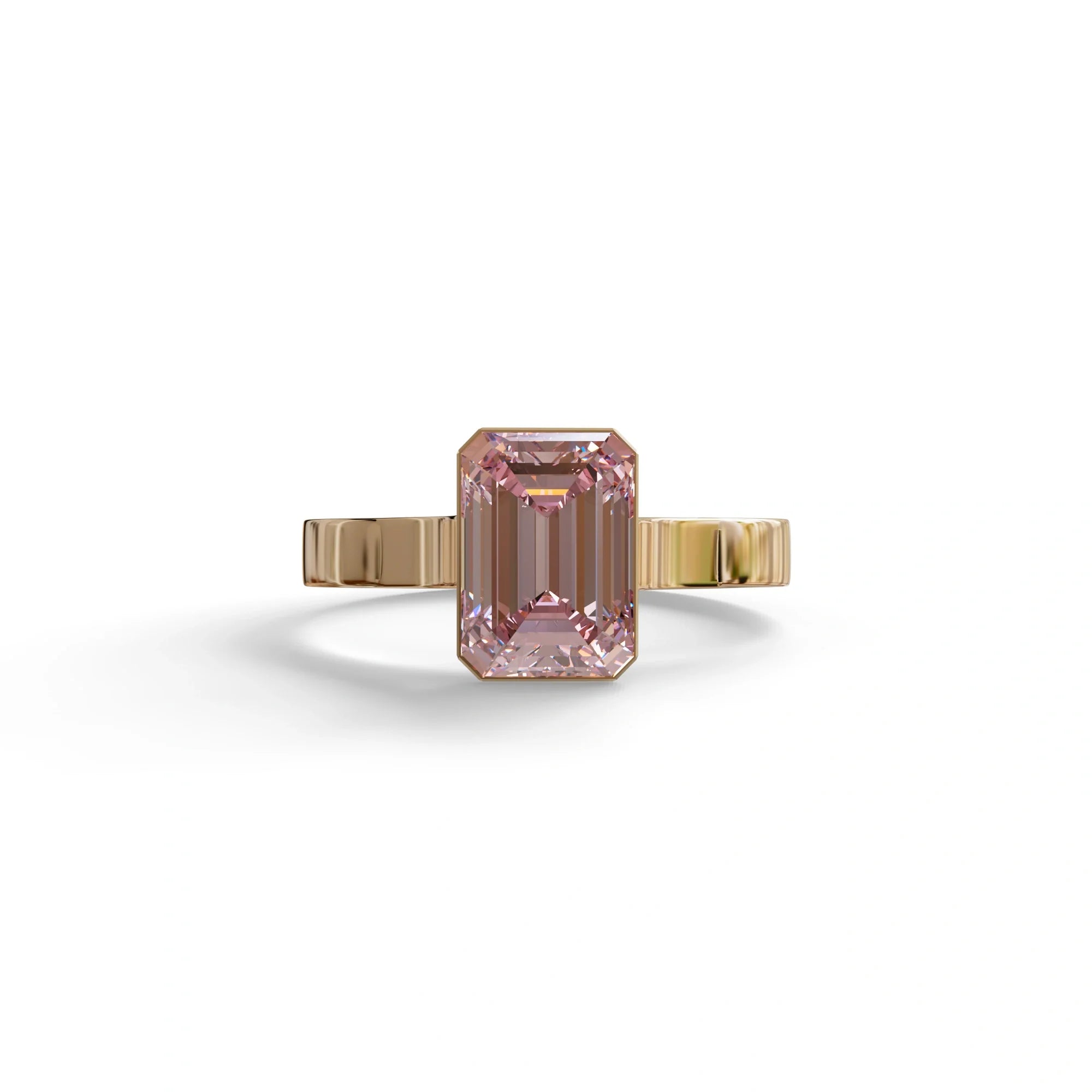 3 carat Fancy Intense Pink Emerald cut Lab Diamond bezel setting Engagement Ring - Zelora - 10K Solid Gold / Rose Gold