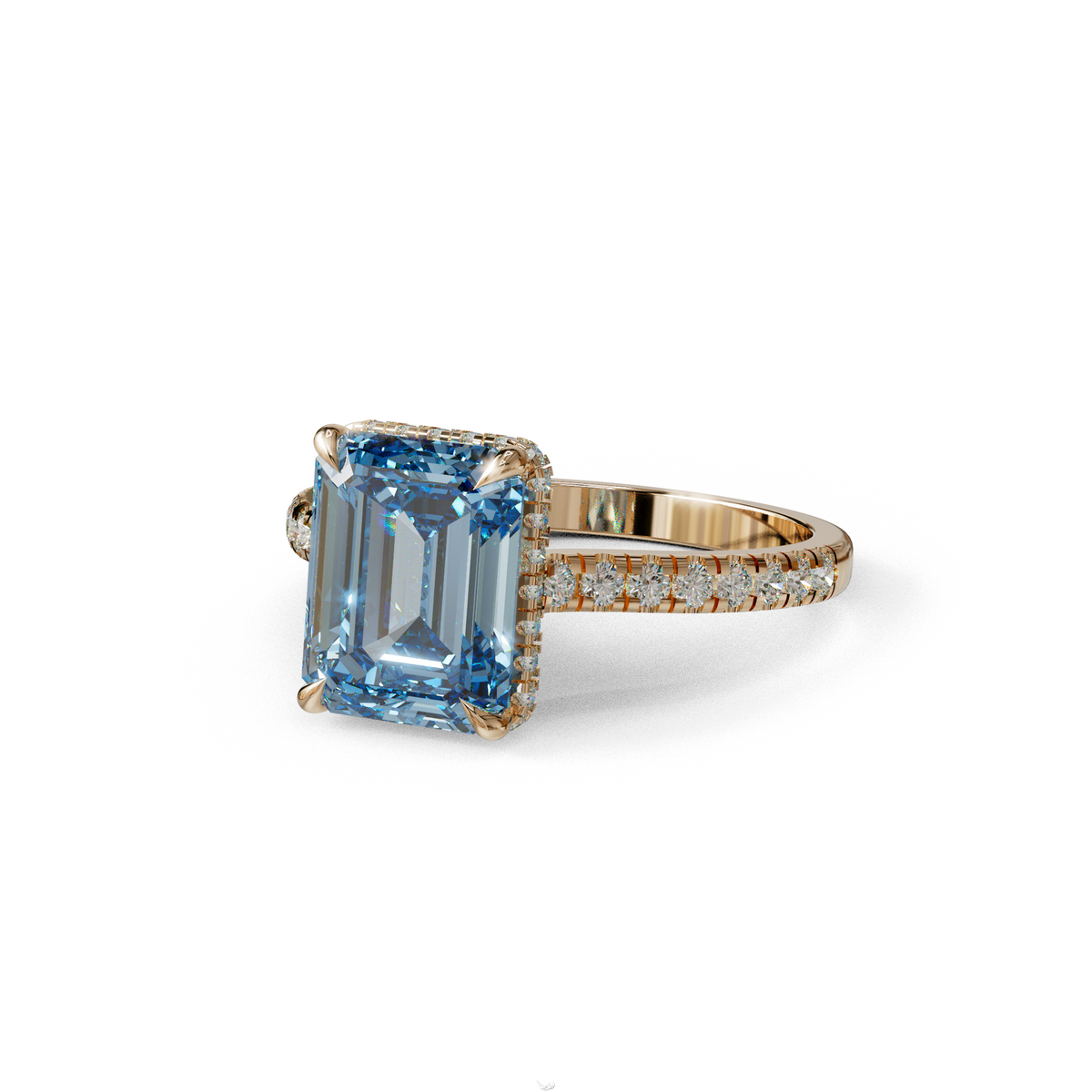 2.5 Ct Blue Emerald Cut Lab Diamond In Hidden Halo & Pave Setting Ring - Siena