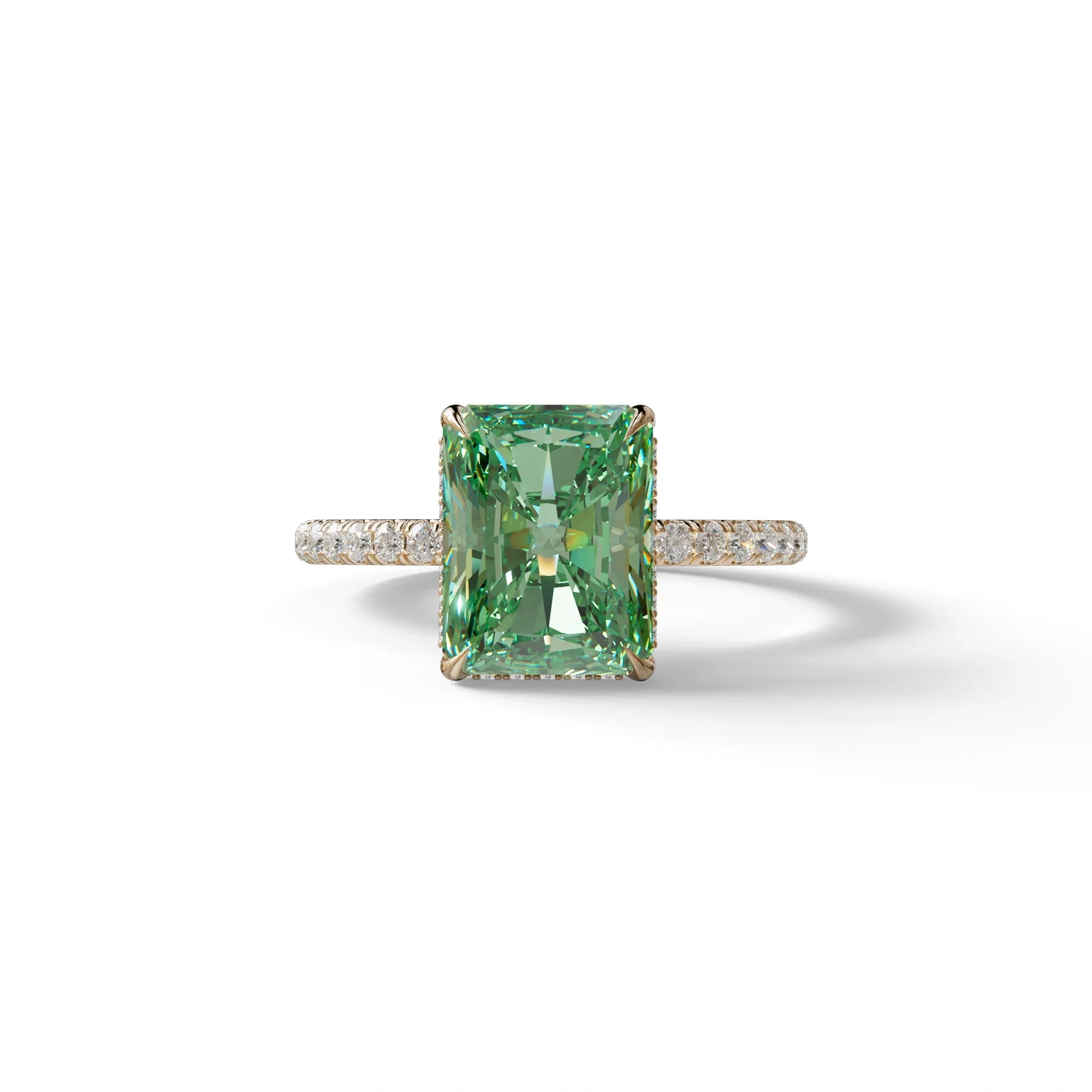 3 Carat Radiant Cut Green Color Lab Diamond Ring -Monica - 10K Solid Gold / Rose Gold