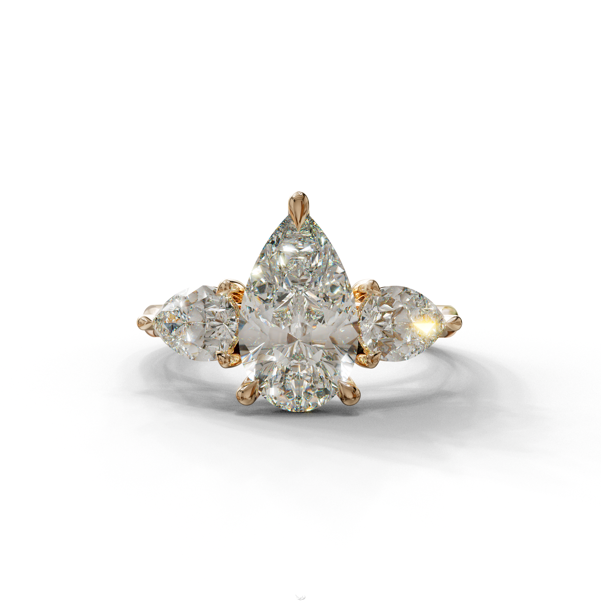 3 Carat E-VVS Pear Cut Lab Diamond In 3 Stones Claw Prongs Setting Ring - 10K Solid Gold / Rose Gold