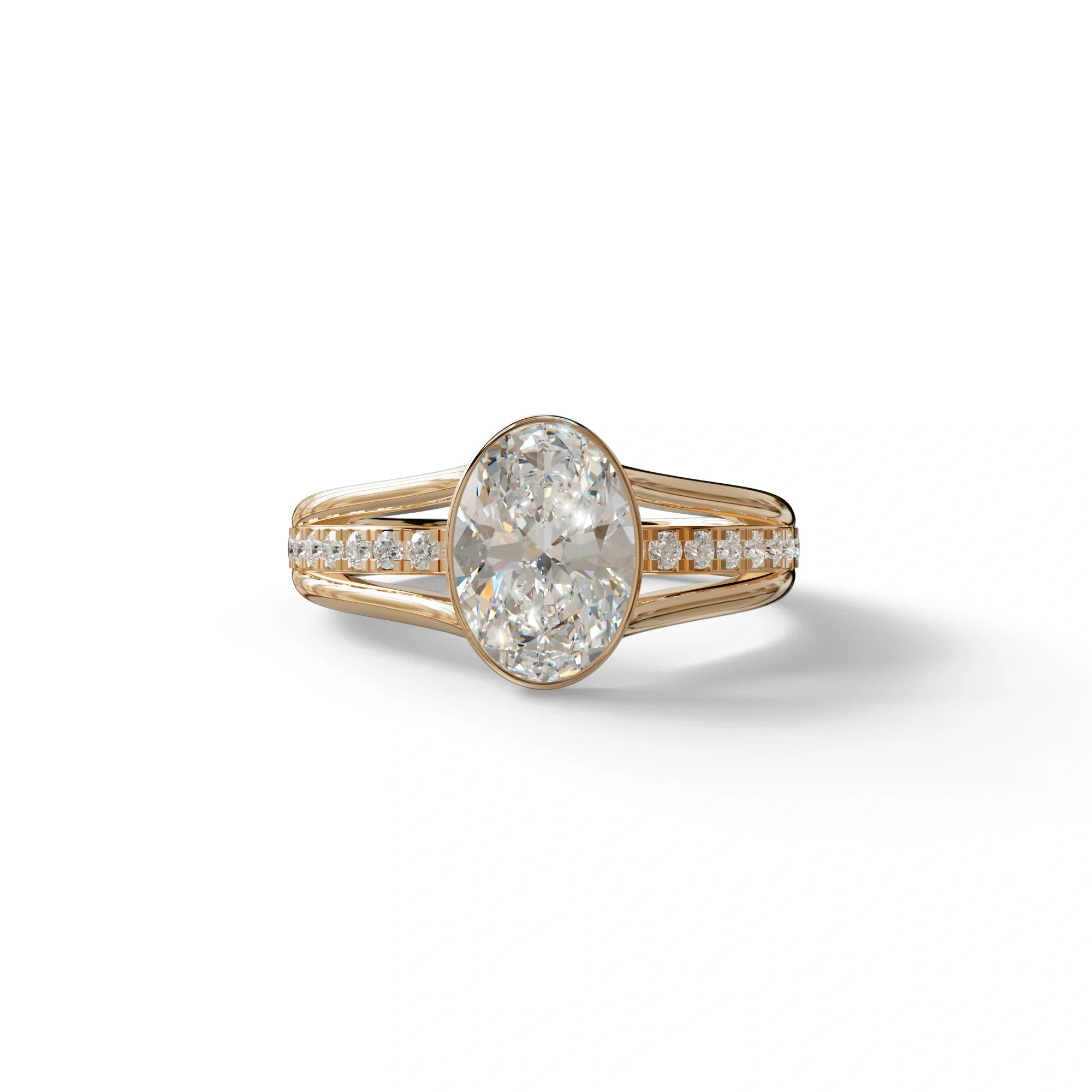 3 Carat Oval Bezel Setting lab grown Diamond Engagement Ring - Prisma - 10K Solid Gold / Rose Gold