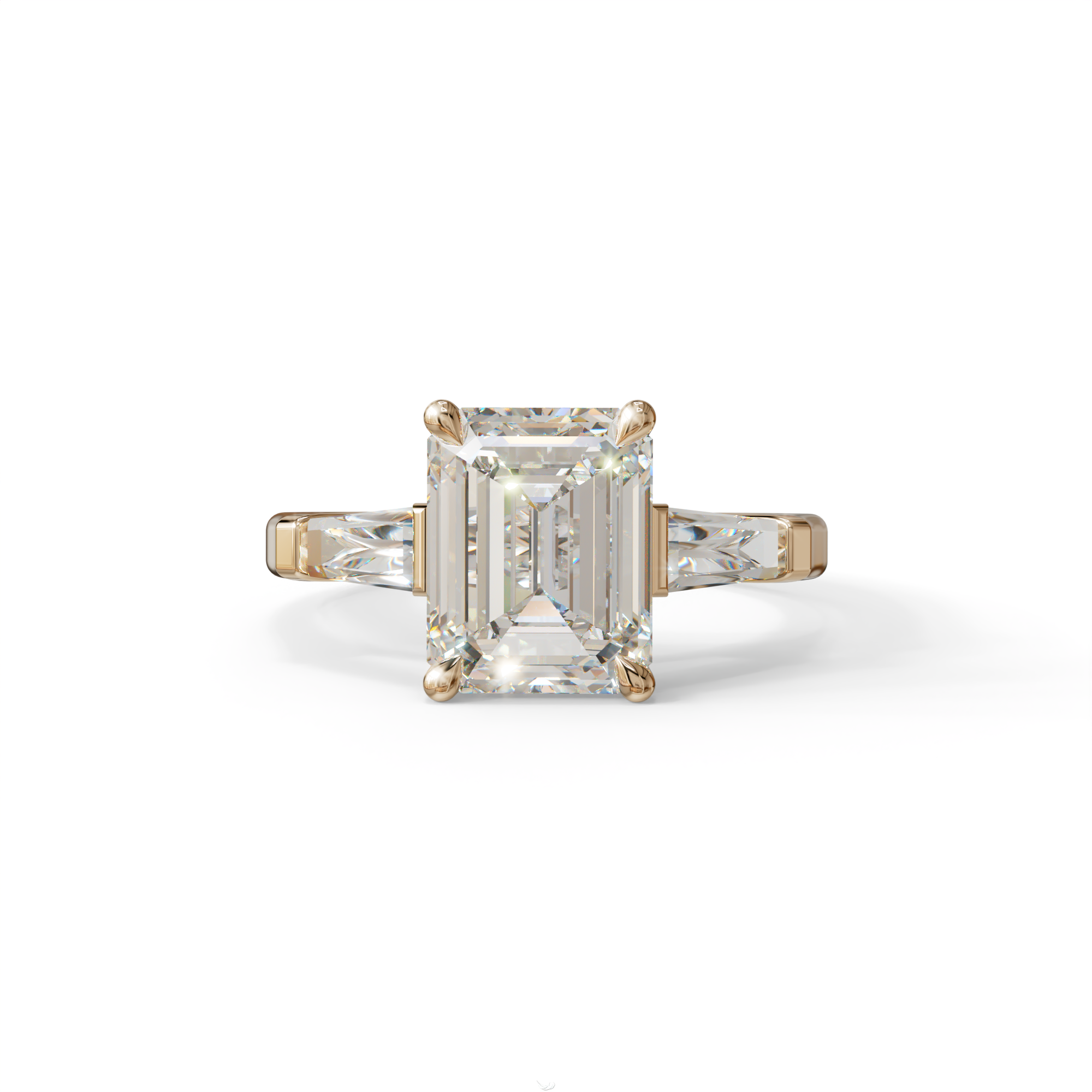 3.75ct E/VVS Emerald & Tapered Baguette Three Stone Lab Diamond Ring - 10K Solid Gold / Rose Gold