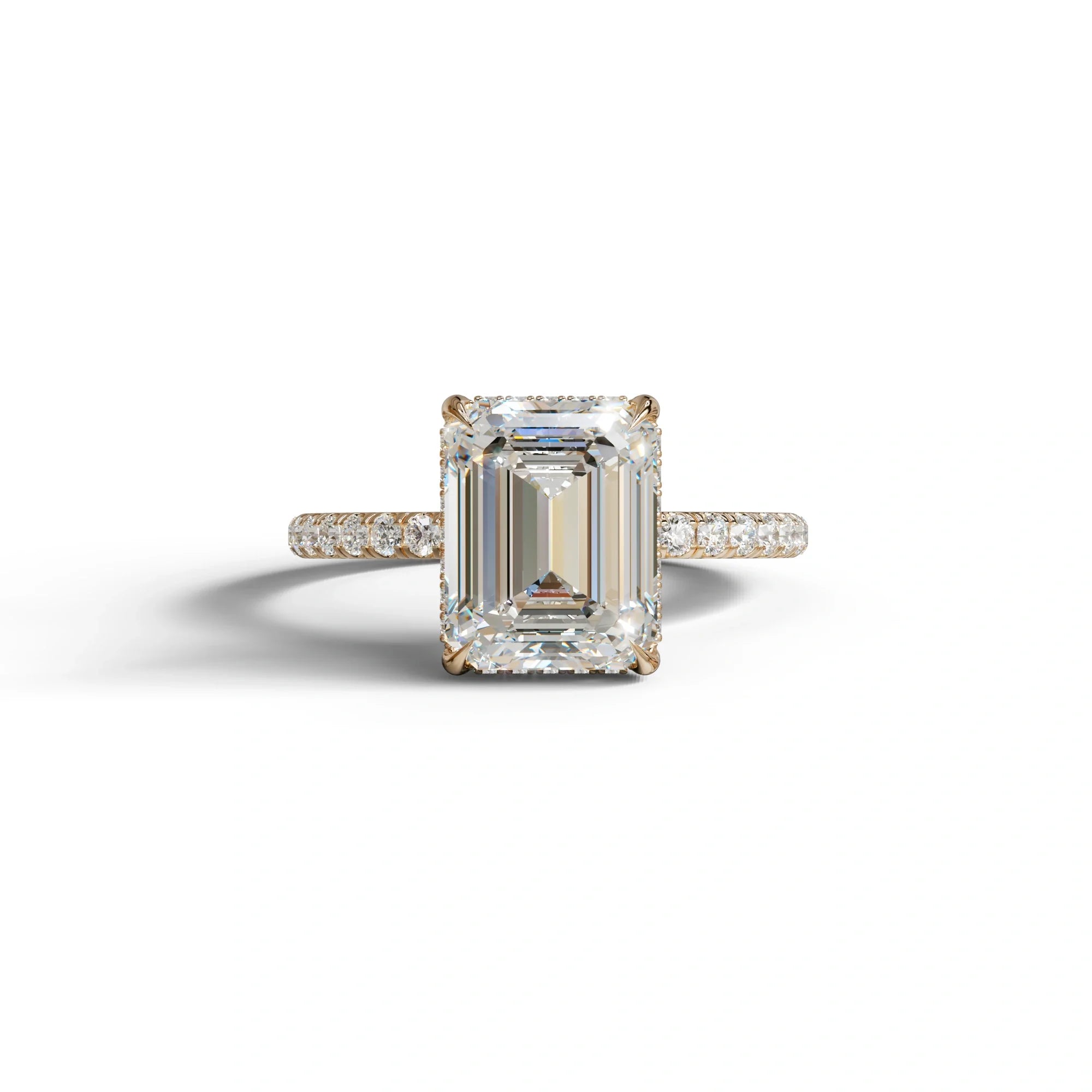 3 Carat E-VVS Emerald Cut Lab Diamond In Hidden Halo & Pave Setting Ring - 10K Solid Gold / Rose Gold