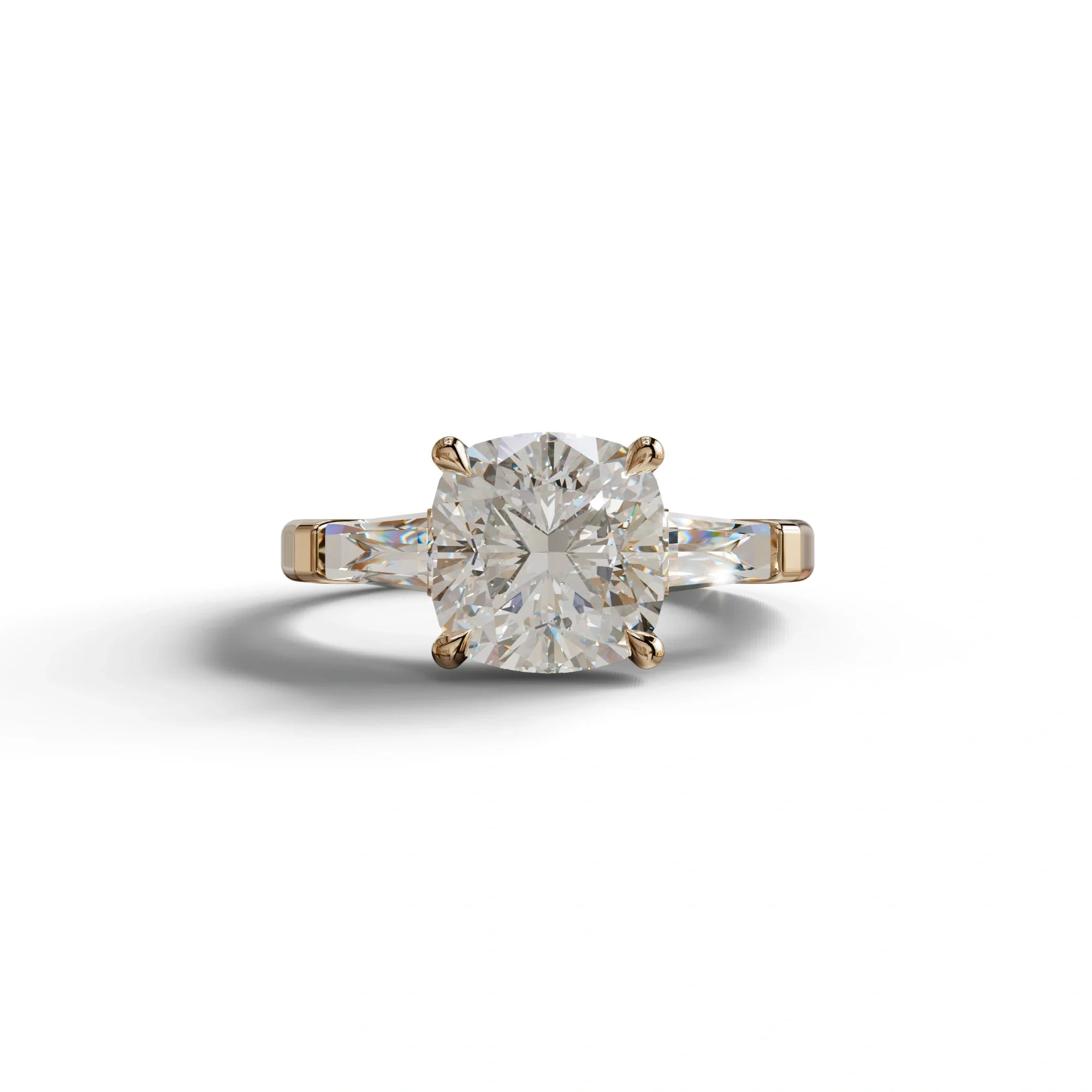 3 Carat E-VVS Cushion & Tapered Baguette Three Stone Engagement Ring - 10K Solid Gold / Rose Gold