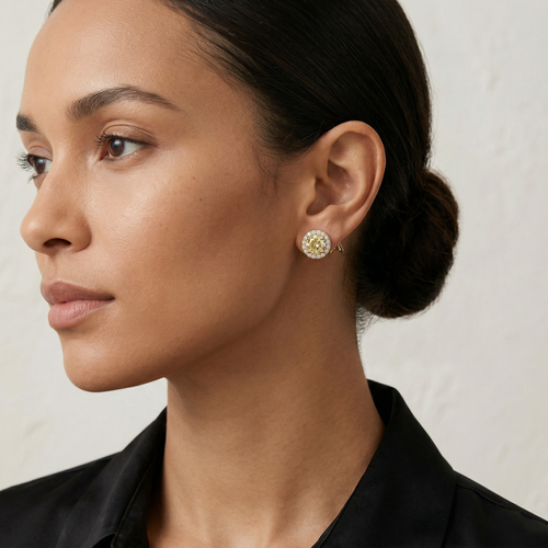 Ciera - Stunning Yellow Color Round Diamond Stud Earrings | Halo Setting | Certified