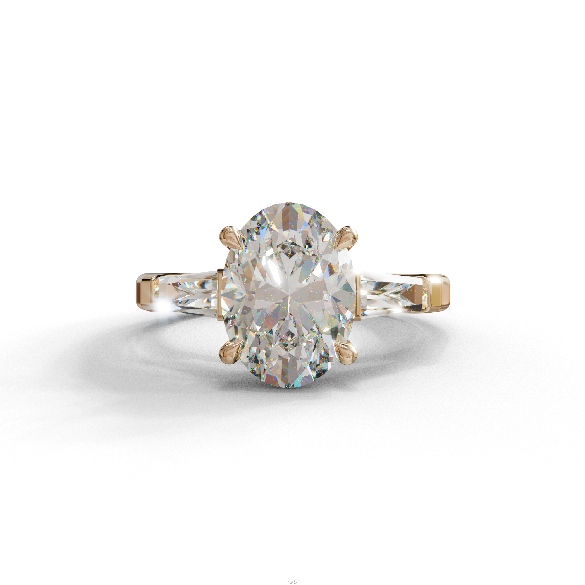 3.75 Carat E/VVS Oval & Tapered Baguette Lab Grown Diamond Three Stone Engagement Ring - 10K Solid Gold / Rose Gold