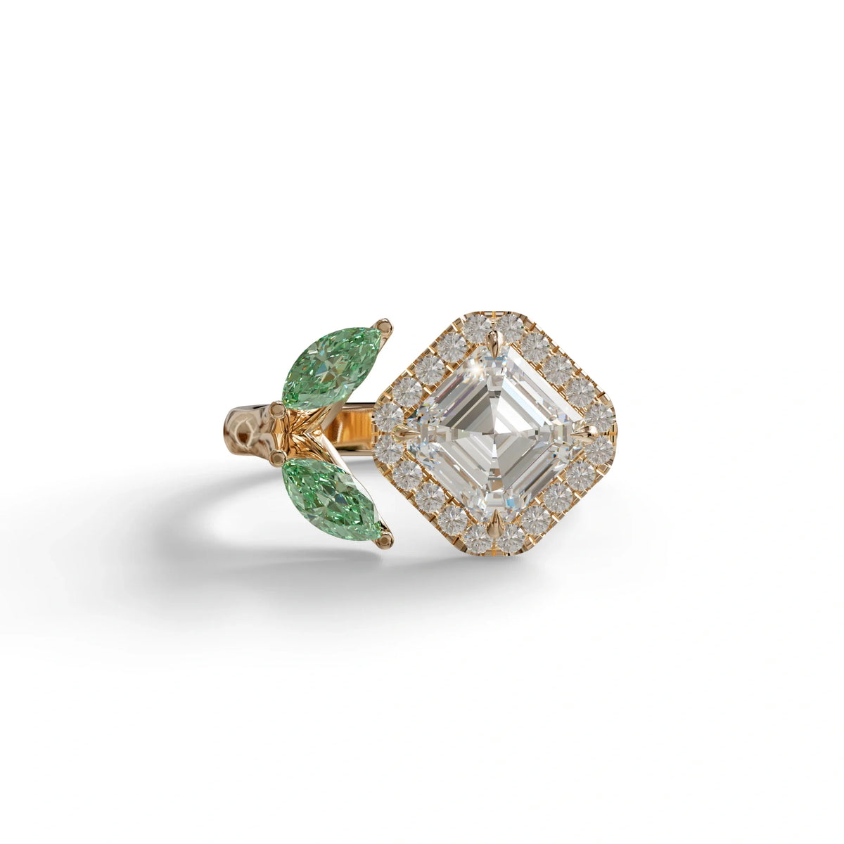 2 Carat Asscher Cut Diamond Cocktail Engagement Ring with Green Marquise - Nature Inspired - 10K Solid Gold / Rose Gold