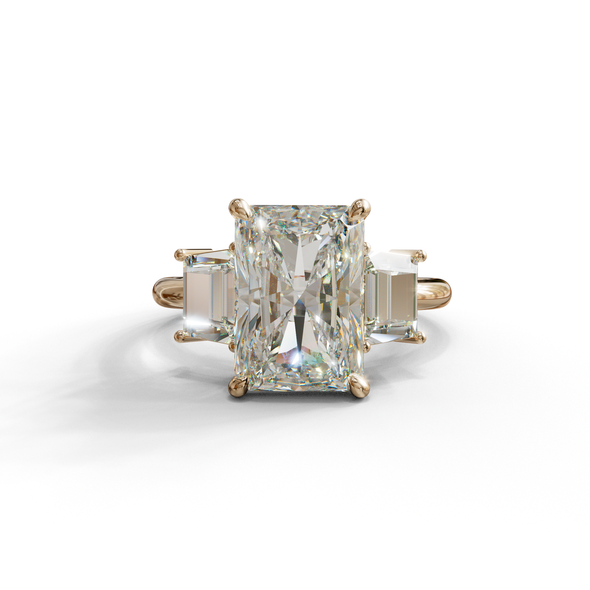 4 Carat Radiant & Trapezoid Three Stone Engagement Ring - Embrace - 10K Solid Gold / Rose Gold