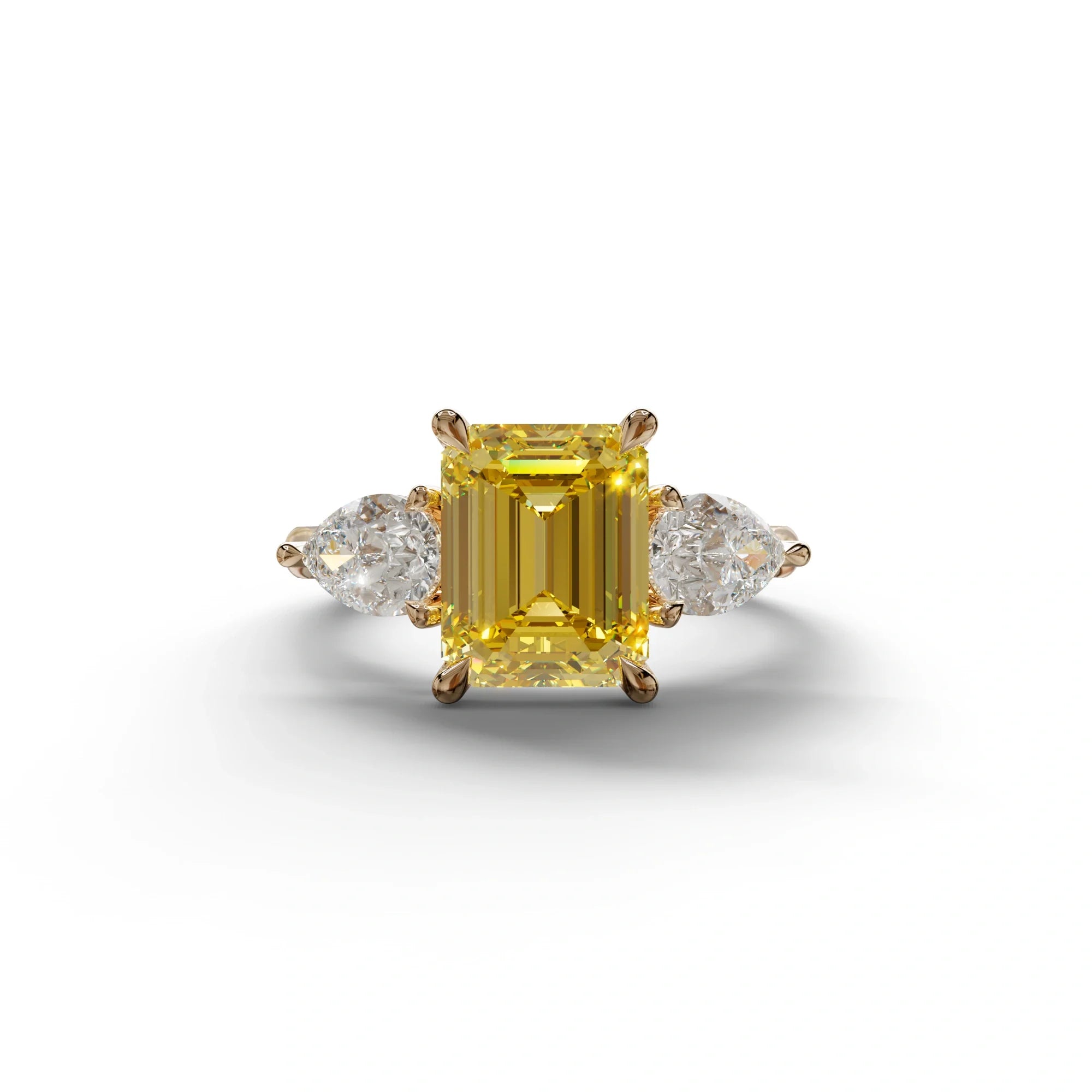 3 Carat Yellow Emerald Cut Lab Diamond In 3 Stones Claw Prongs Setting Ring - 10K Solid Gold / Rose Gold