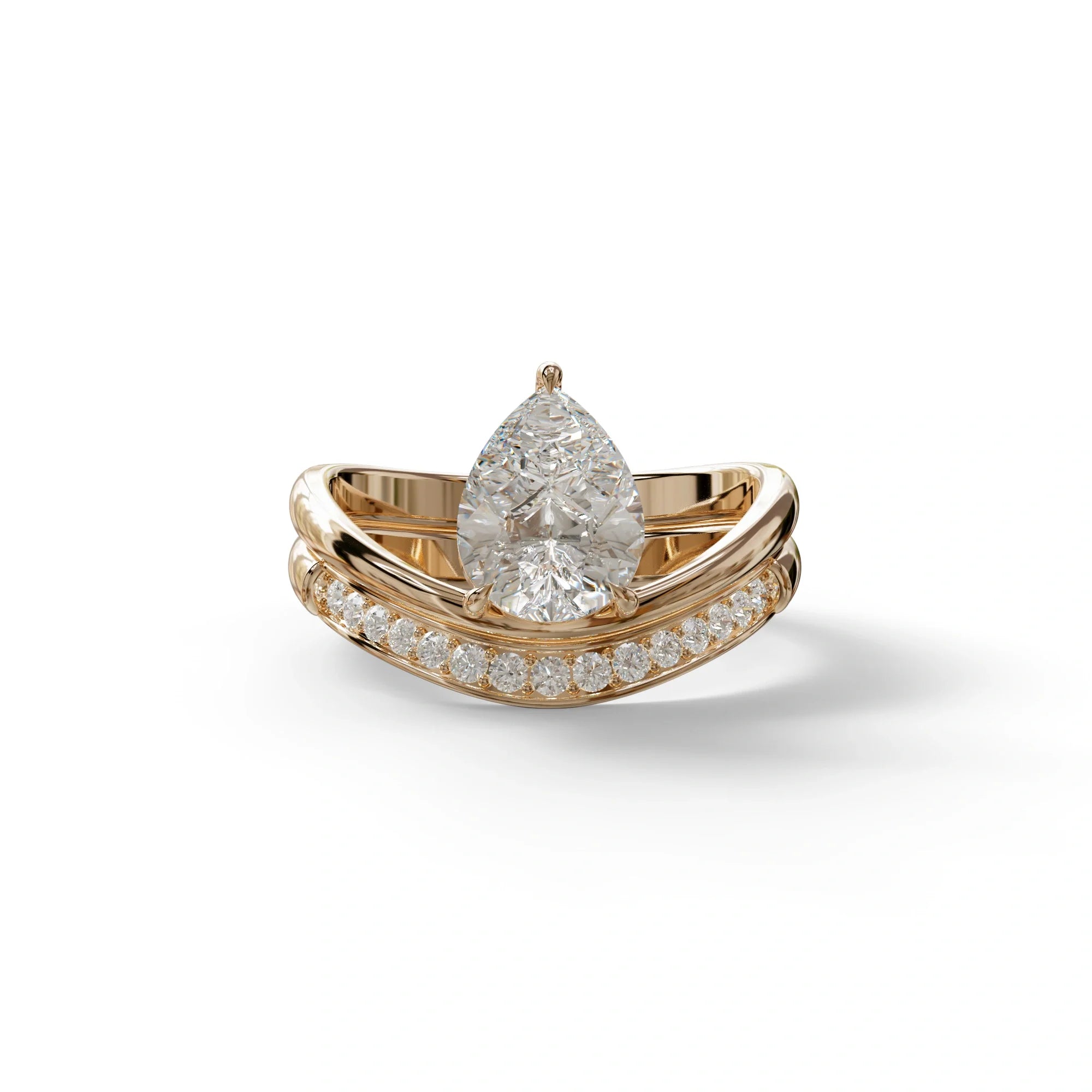 2 Carat Pear cut Curve Design Lab Diamond Wedding Ring set - Gemini - 10K Solid Gold / Rose Gold