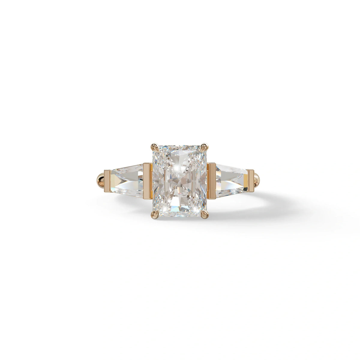 3Ct Radiant & Tapered Cut Lab Grown Diamond Three Stone Engagement Ring - Yana - 10K Solid Gold / Rose Gold