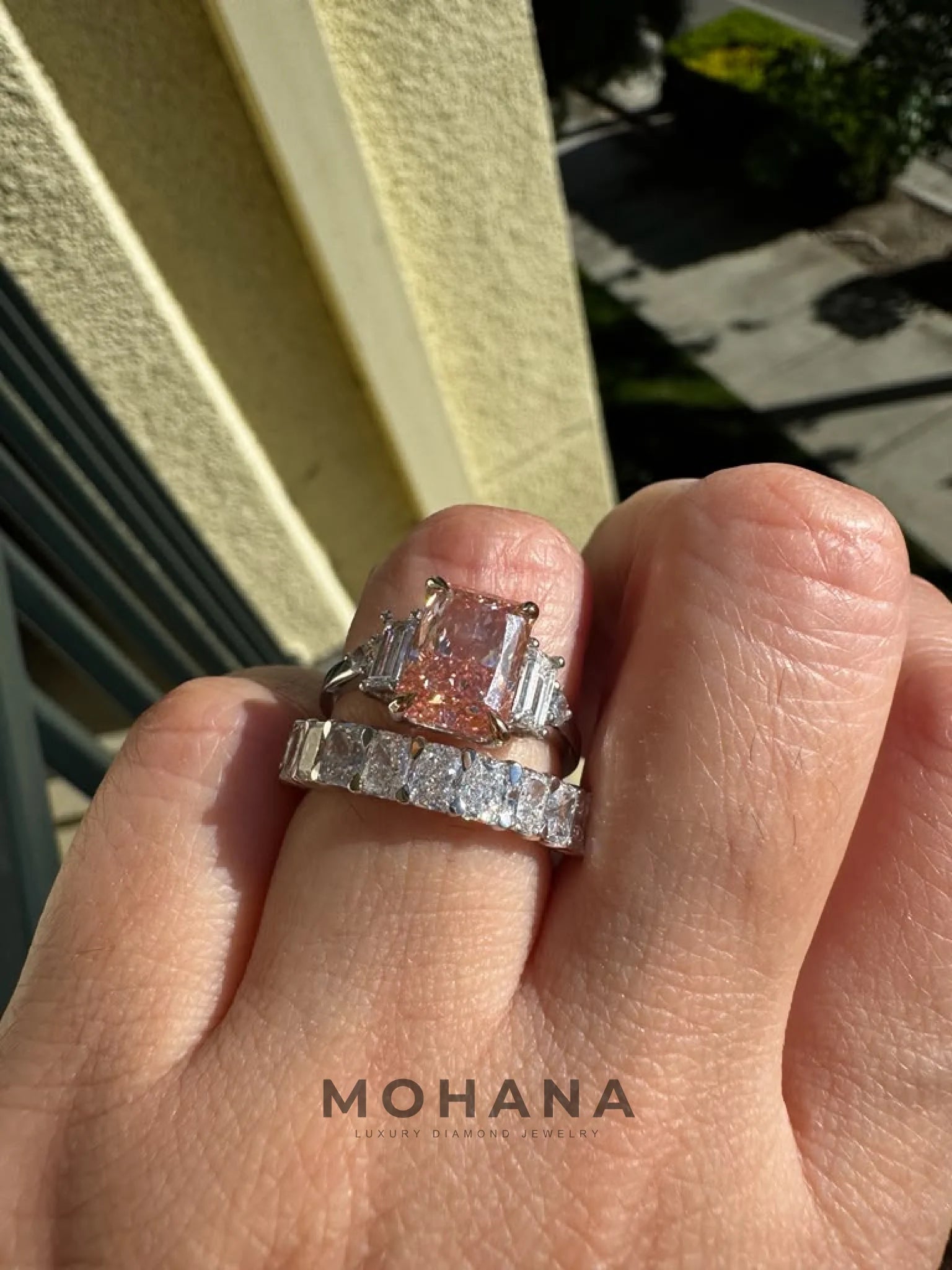 3.1 Carat Pink Lab Grown Diamond Engagement Ring – Radiant Cut Three Stone | Flint - Engagement Ring