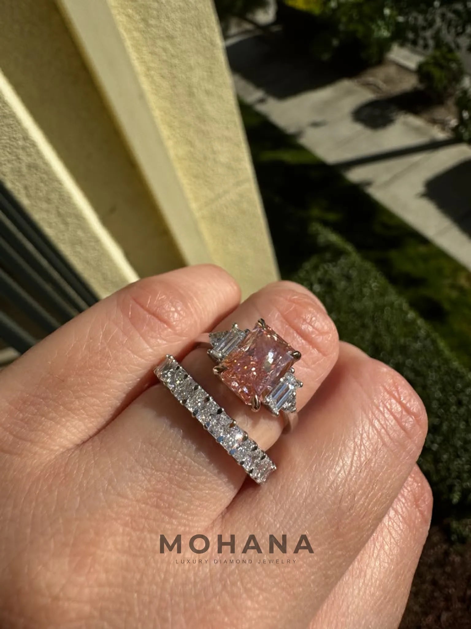 3.1 Carat Pink Lab Grown Diamond Engagement Ring – Radiant Cut Three Stone | Flint - Engagement Ring