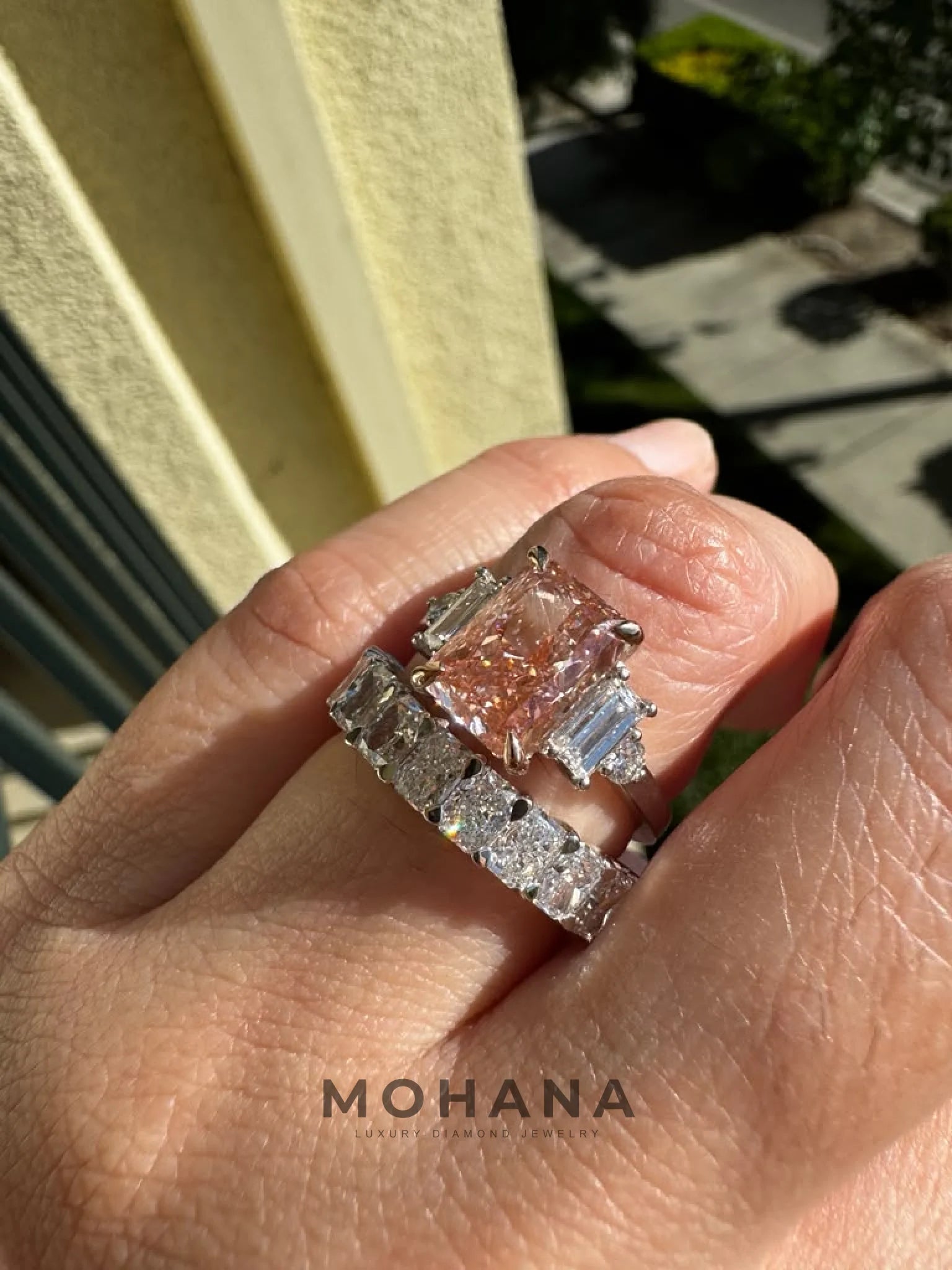 3.1 Carat Pink Lab Grown Diamond Engagement Ring – Radiant Cut Three Stone | Flint - Engagement Ring