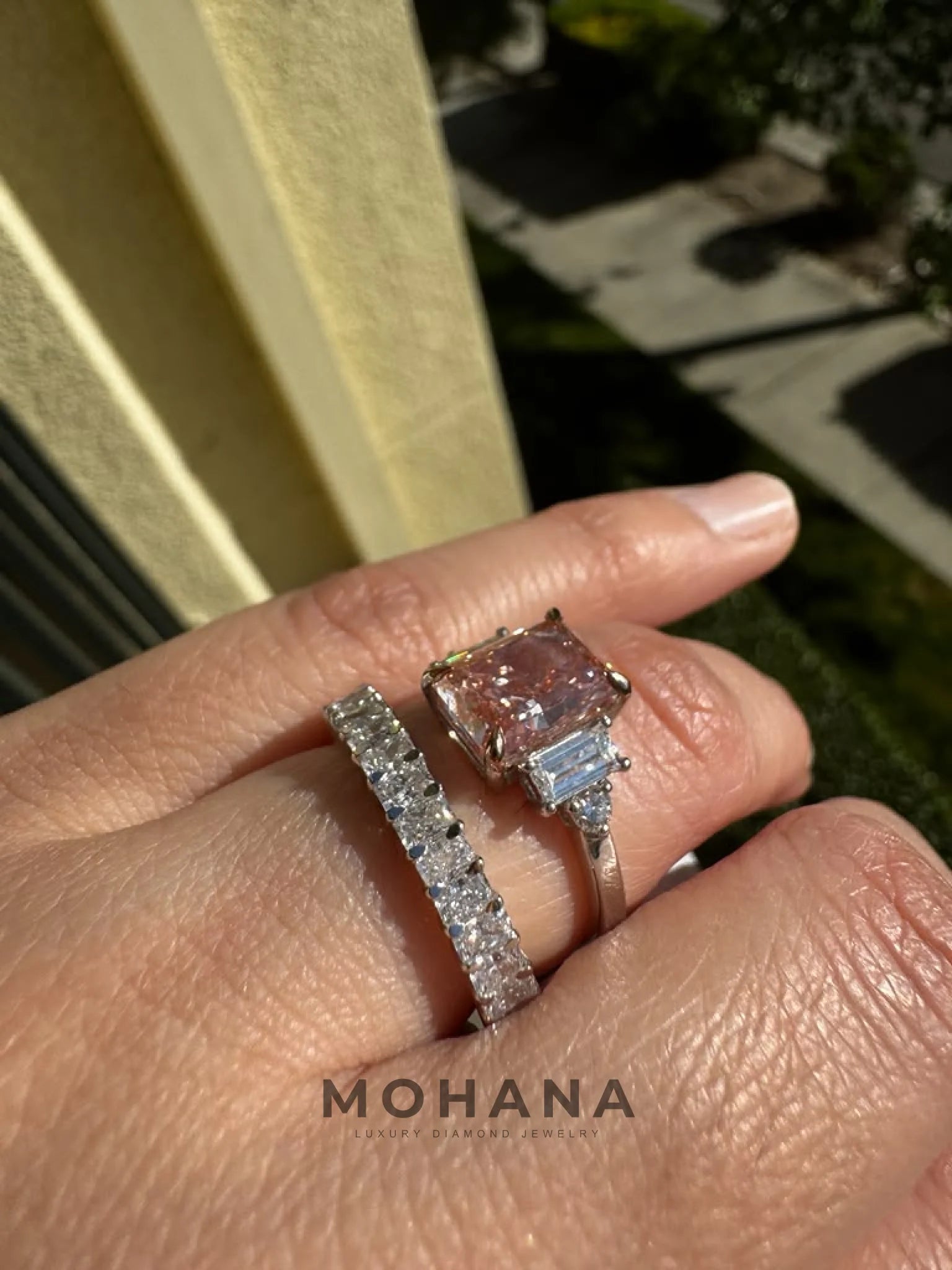 3.1 Carat Pink Lab Grown Diamond Engagement Ring – Radiant Cut Three Stone | Flint - Engagement Ring