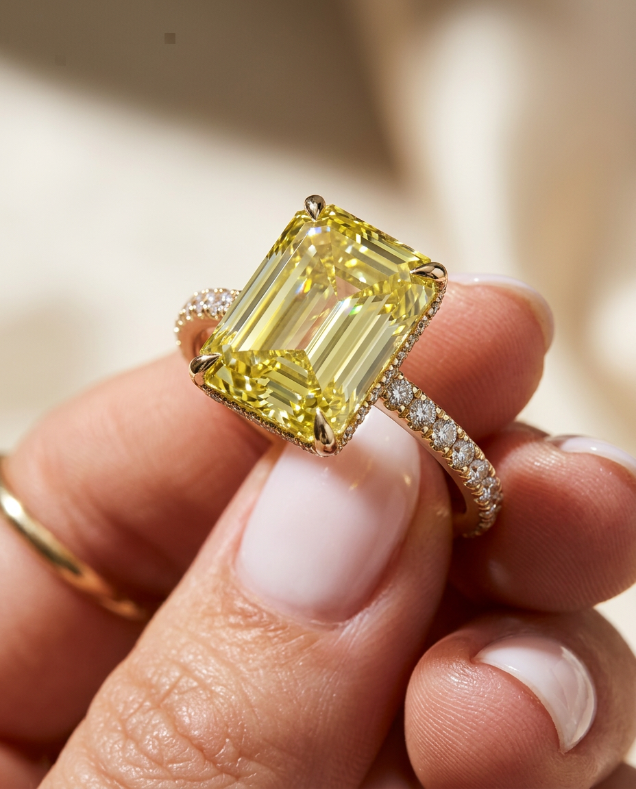 2.5 Carat Yellow Lab Grown Diamond Engagement Ring – Emerald Cut Hidden Halo | Siena - Engagement Ring