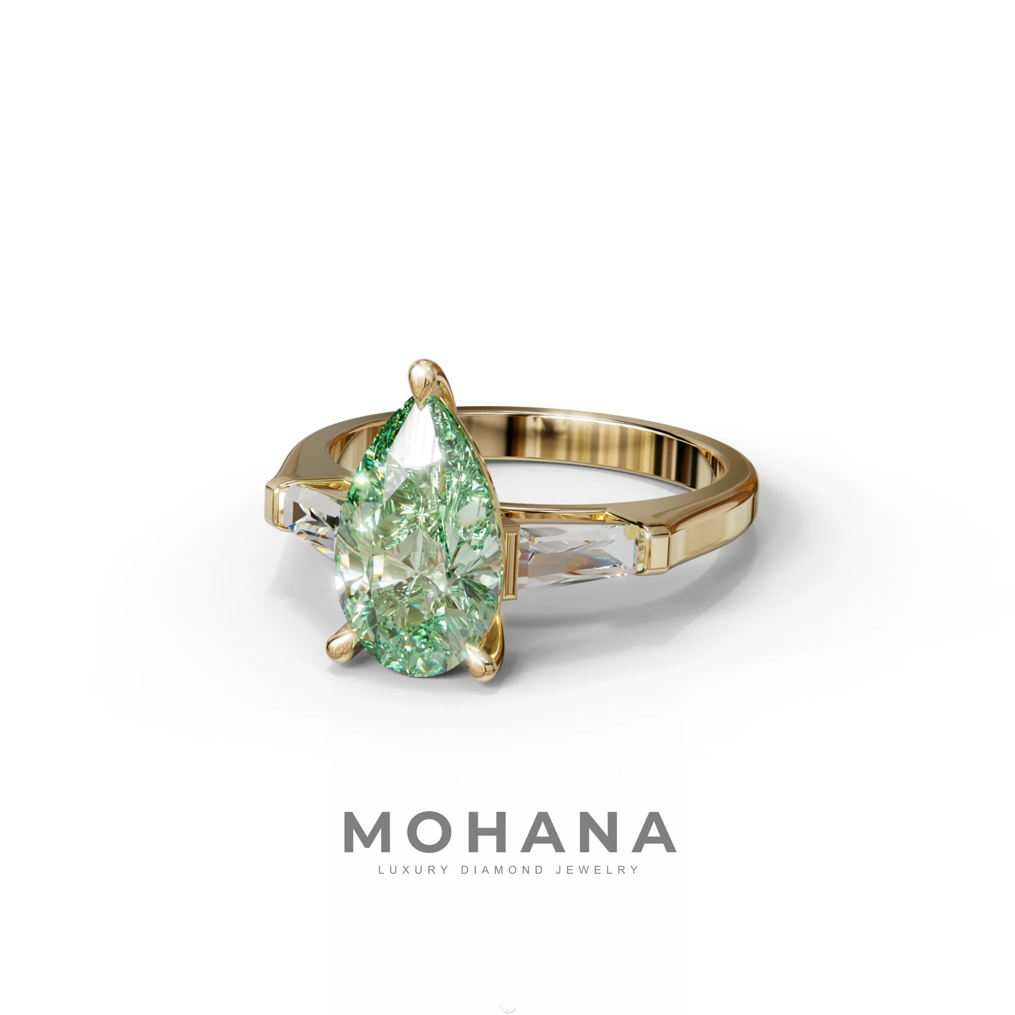 3 Carat Pear Cut Green Lab Diamond Ring 3 Stone Design - Bella