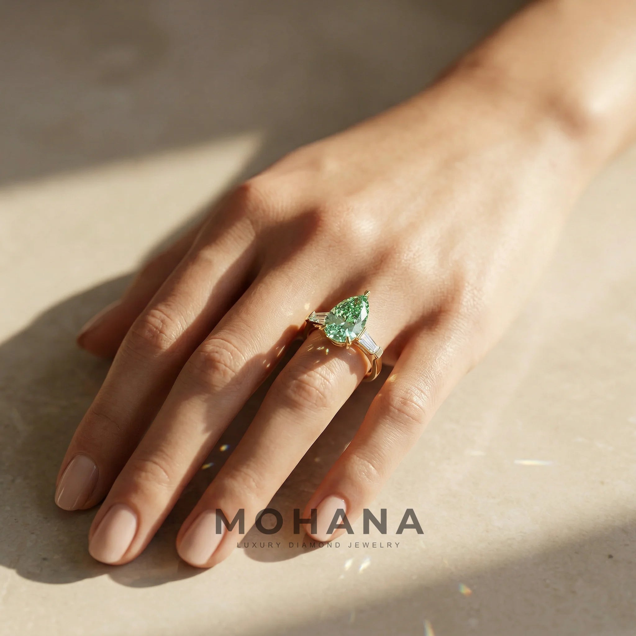 3.40ct Vivid Green Pear & Tapered Baguette Three Stone Lab Diamond Ring - Bella
